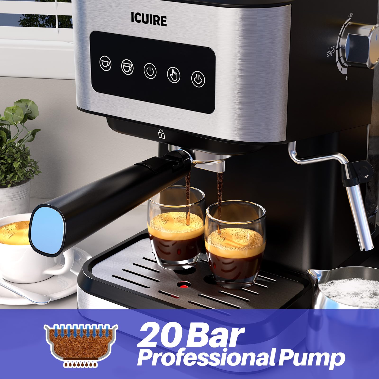 ICUIRE 20 Bar Pressure Espresso Machine with Milk Frother - 1.5L Removable Water Tank, 1050W Fast Heating Stainless Steel Coffee Maker for Latte, Cappuccino & Macchiato - Perfect for Home Baristas & Coffee Lovers (Use for Morning Brew, Entertaining Guests, Office Coffee Station)