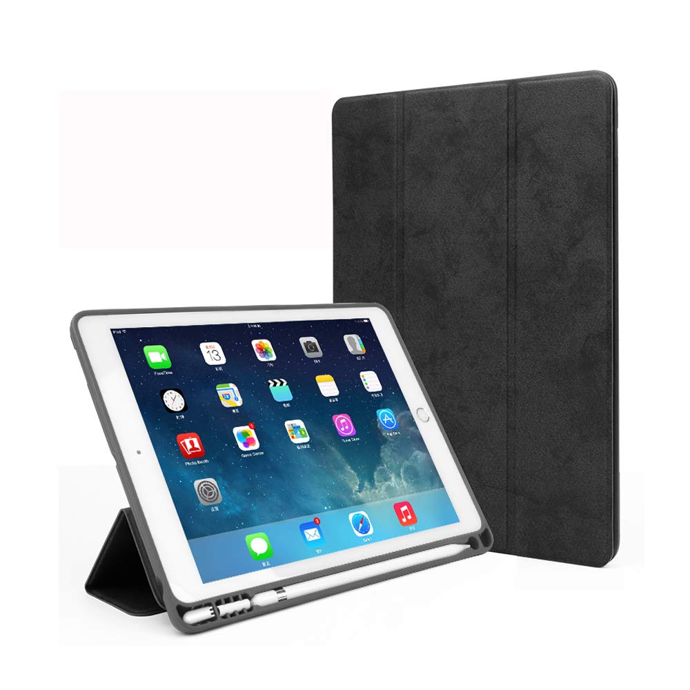Lightweight Soft TPU Back Protective Case with Built-in Apple Pencil Holder & Auto Wake/Sleep for iPad 9.7 (6th/5th Generation 2018 Model A1822/A1823/A1893/A1954) - Perfect for Work, School & Travel - Black