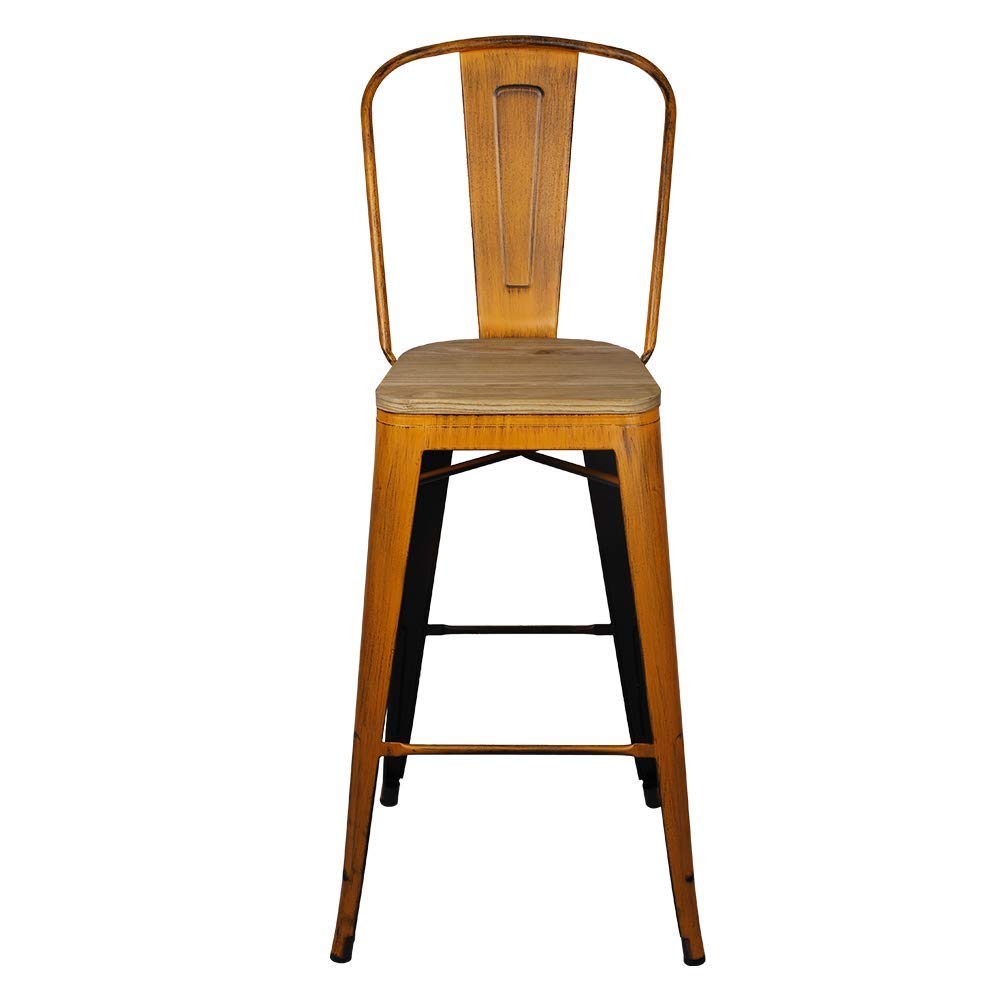GIA High Back Armless Metal Bar Stools with Light Wood Seat - Set of 4 Antique Orange Counter Height Chairs for Kitchen Island, Breakfast Nook & Home Bar Decor