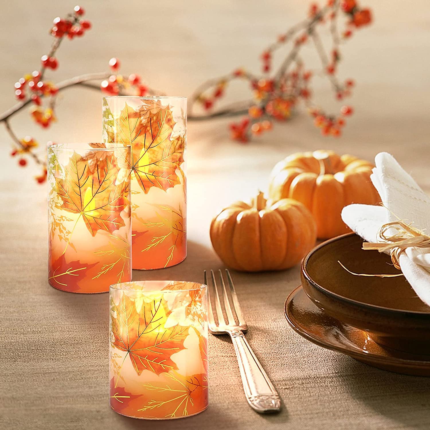 Realistic Flameless LED Candles with Remote & Timer - Battery Operated Thanksgiving Decor, Gold-Red Maple Leaf Wax Candles for Bedroom, Home, Table Centerpiece | Perfect for Holiday Gifts, Romantic Dinners & Cozy Ambiance