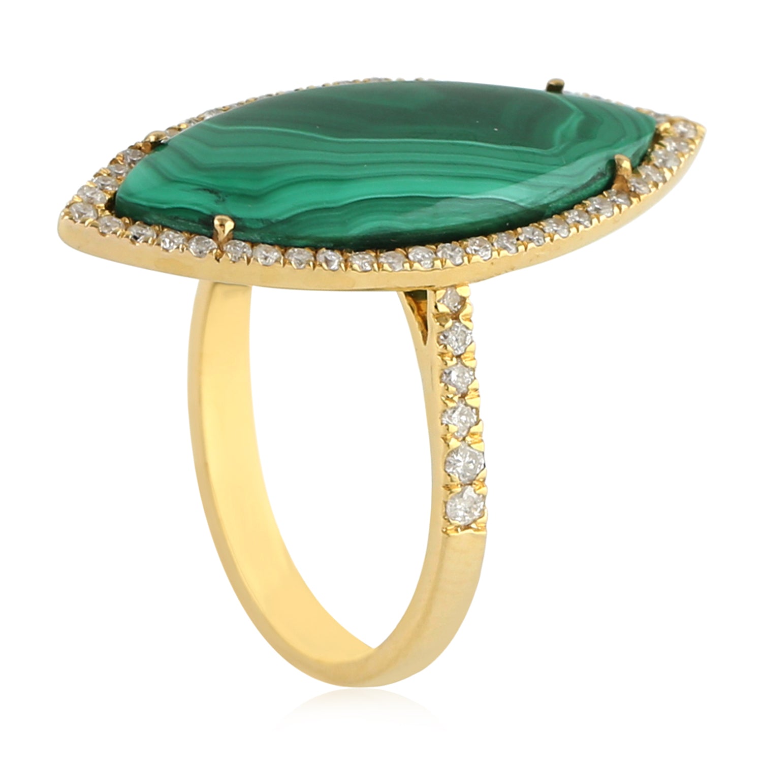 18K Yellow Gold Marquise Cut Malachite Gemstone Pave Diamond Long Ring for Women - Elegant Statement Jewelry for Weddings, Parties & Special Occasions