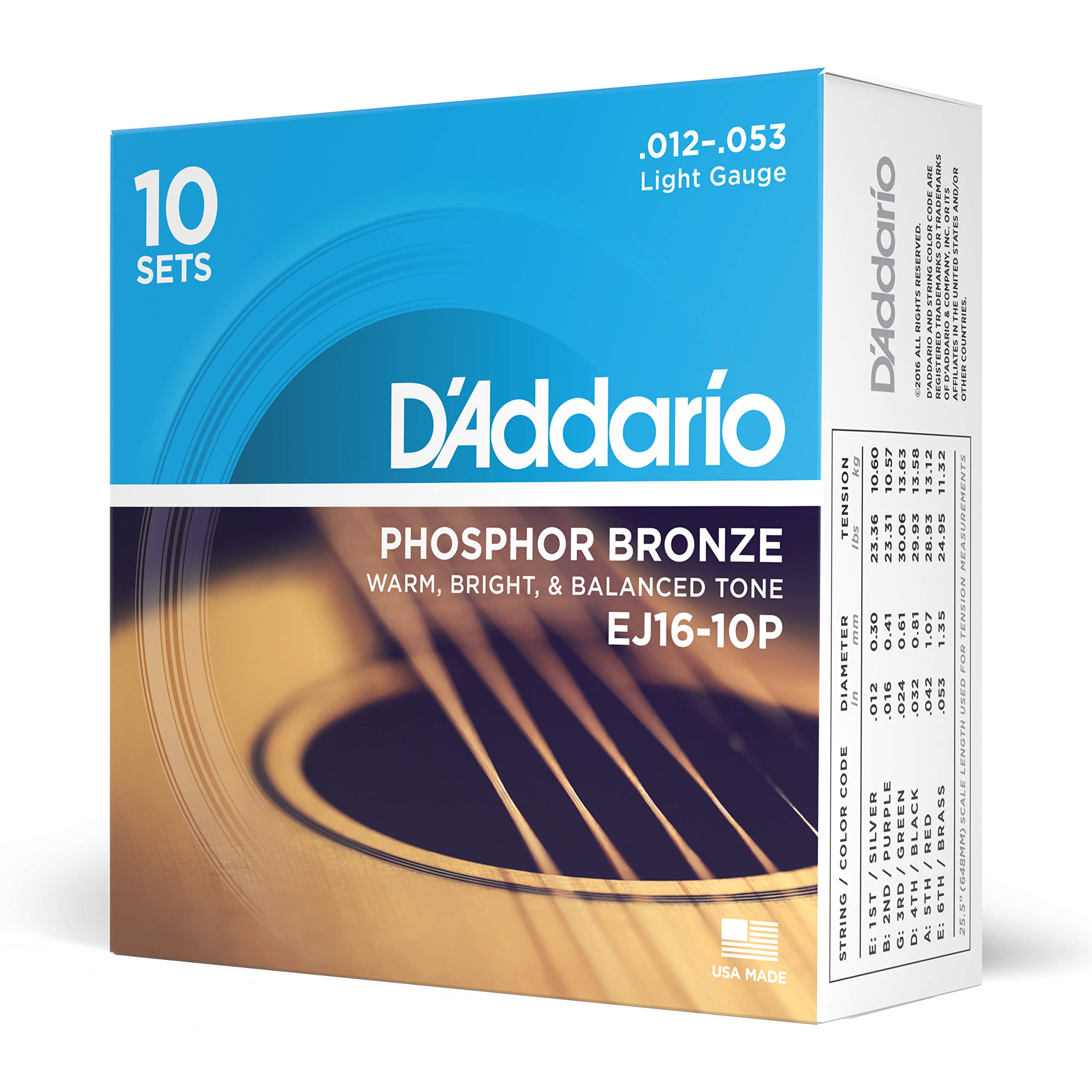 D'Addario EJ16-10P Phosphor Bronze Acoustic Guitar Strings - Light Gauge 12-53, 6-String Set (Pack of 10) - Perfect for Folk, Country & Fingerstyle Playing