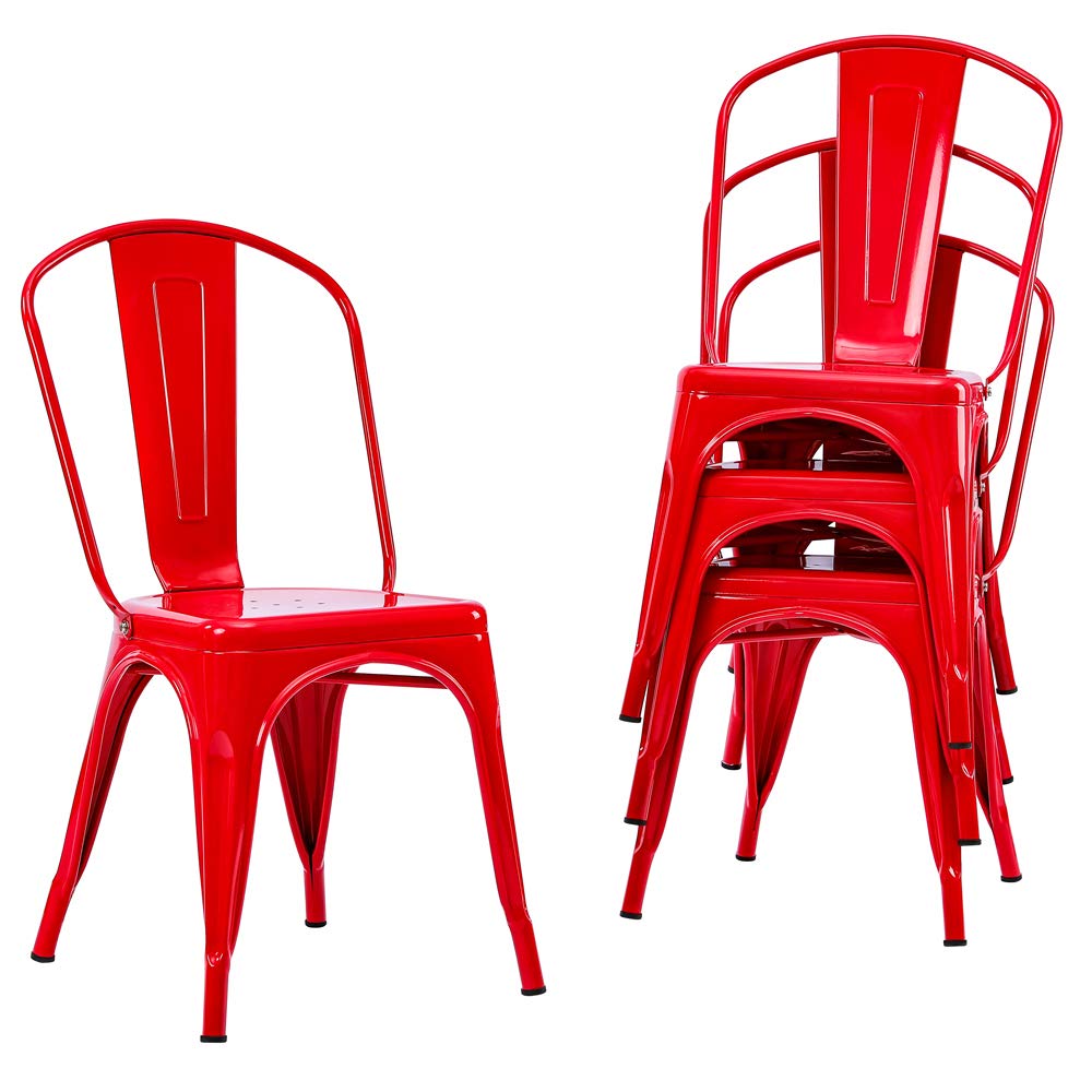 Distressed Metal Indoor-Outdoor Stackable Dining Chairs Set of 4 - Rustic Kitchen & Patio Side Chairs with Back Support (Red) | Perfect for Farmhouse Dining Rooms, Outdoor Entertaining & Bistro Settings