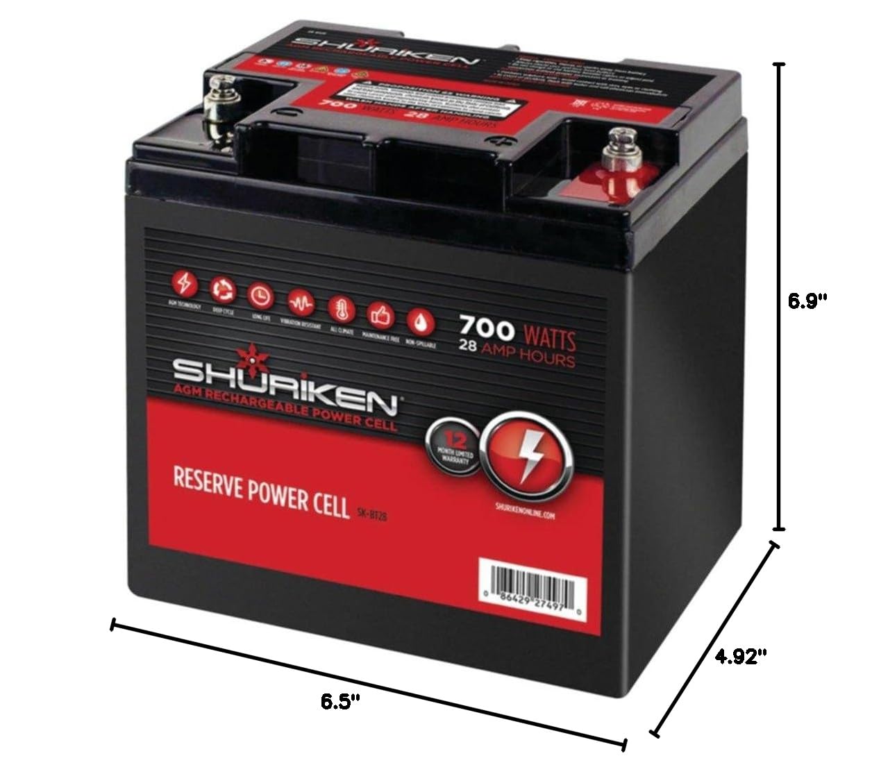 SHURIKEN SK-BT28 12V Lithium Battery - 700 Watts, 28 Amps - High Performance Power Solution for Car Audio, Marine, RV & Off-Grid Applications