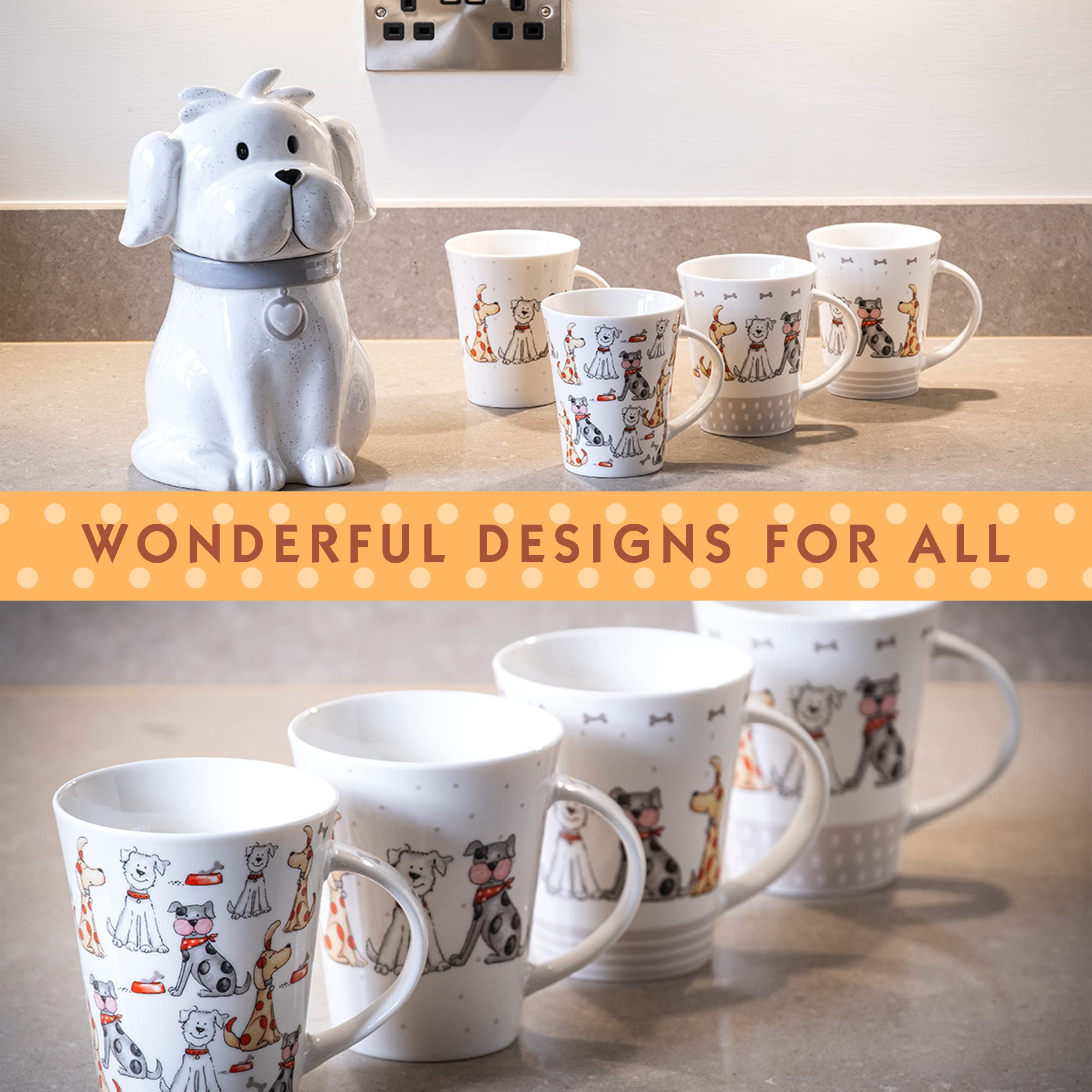 Spotted Dog Themed 12oz Ceramic Coffee Mug Set - 4 Cute Dog Lovers Gift Mugs for Tea & Coffee - Perfect for Dog Owners, Animal Lovers, Women & Men - Ideal for Home, Office, or Gift Giving