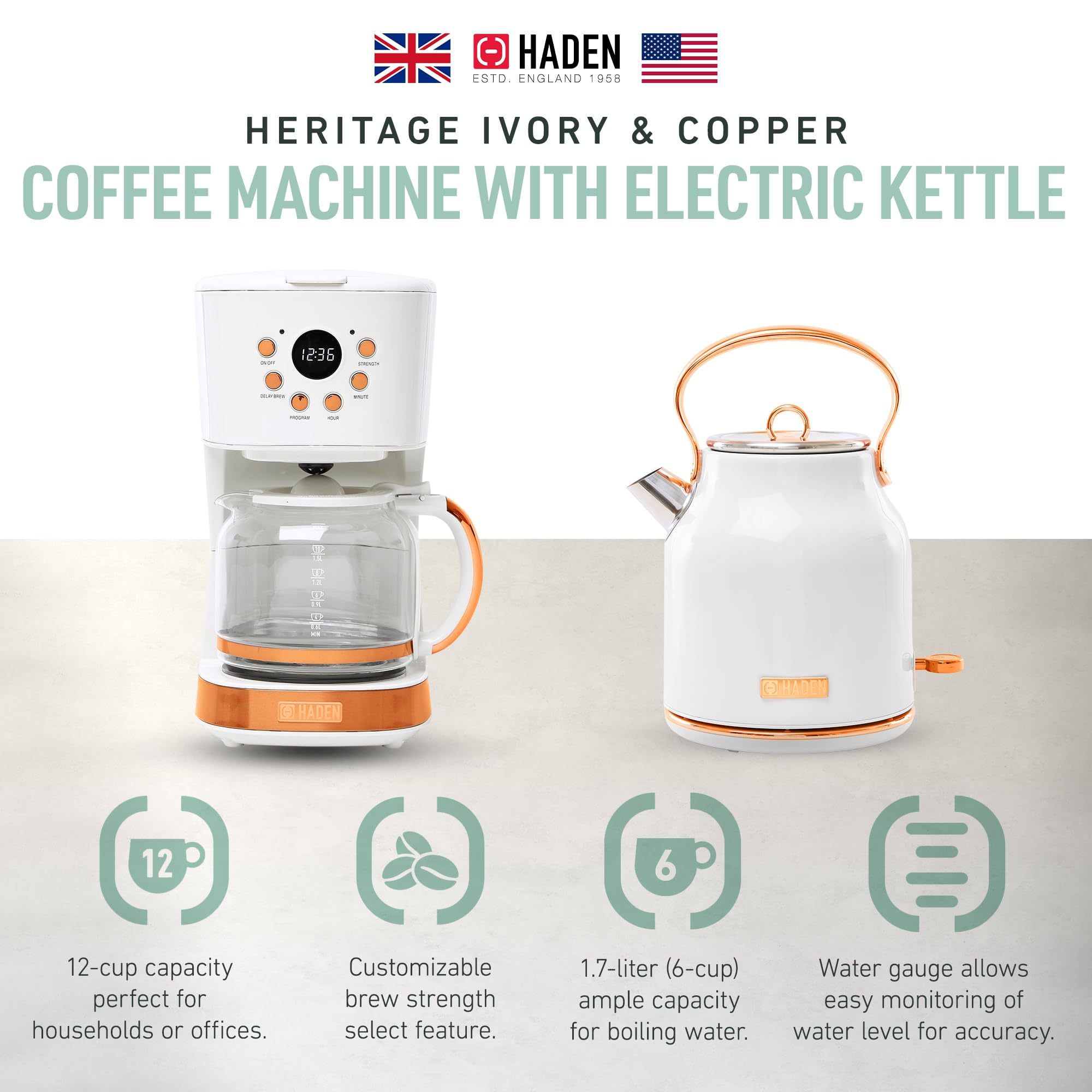 HADEN 12 Cup Drip Coffee Maker with 1.7L Stainless Steel Electric Kettle Set - Ivory & Copper Heritage Style for Home, Office & Kitchen Use