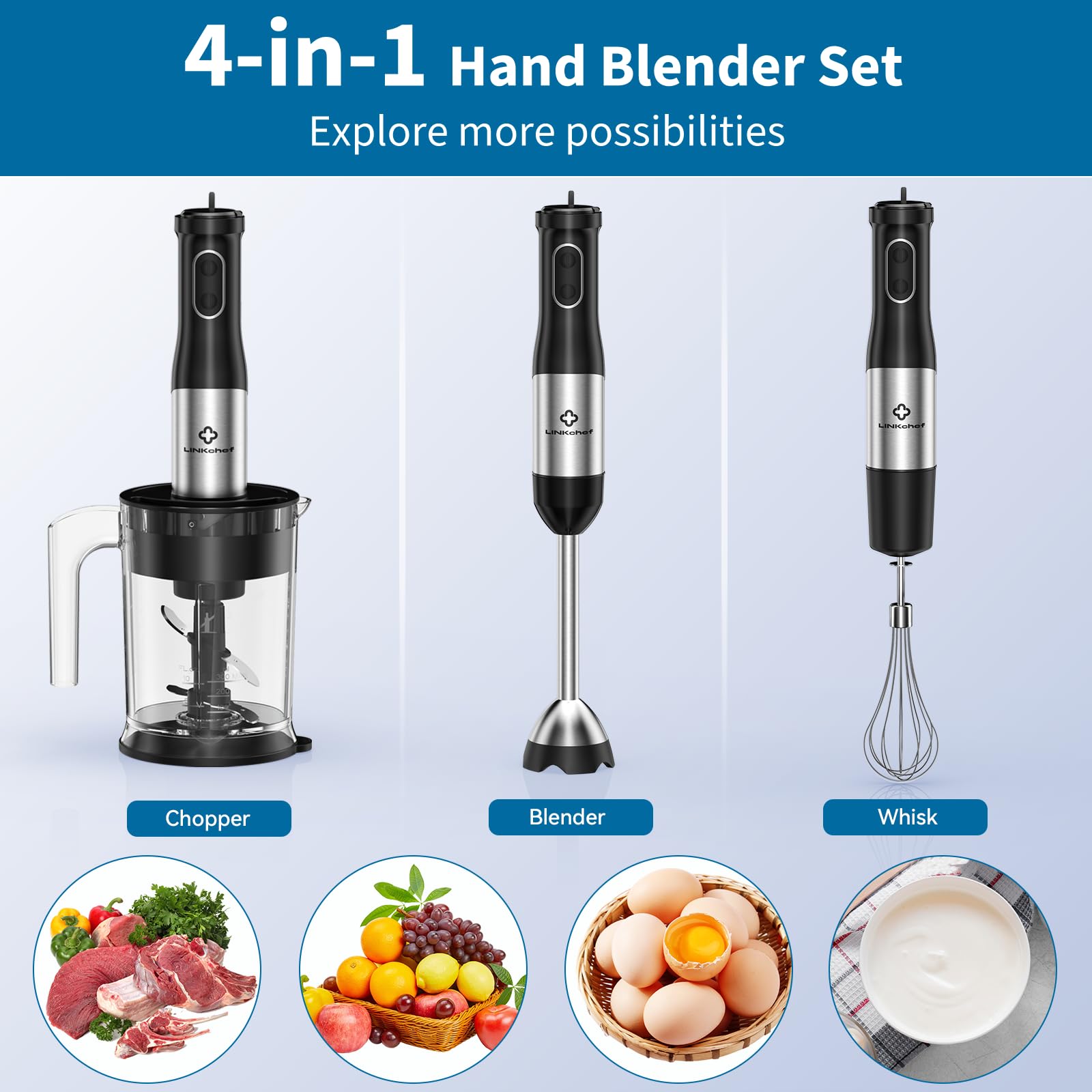 LINKChef 800W 4-in-1 Immersion Blender Handheld with Titanium Steel Blades, 20 Speeds & Turbo Mode - Includes Whisk & Food Processor - Perfect for Smoothies, Soups, Sauces & Baby Food
