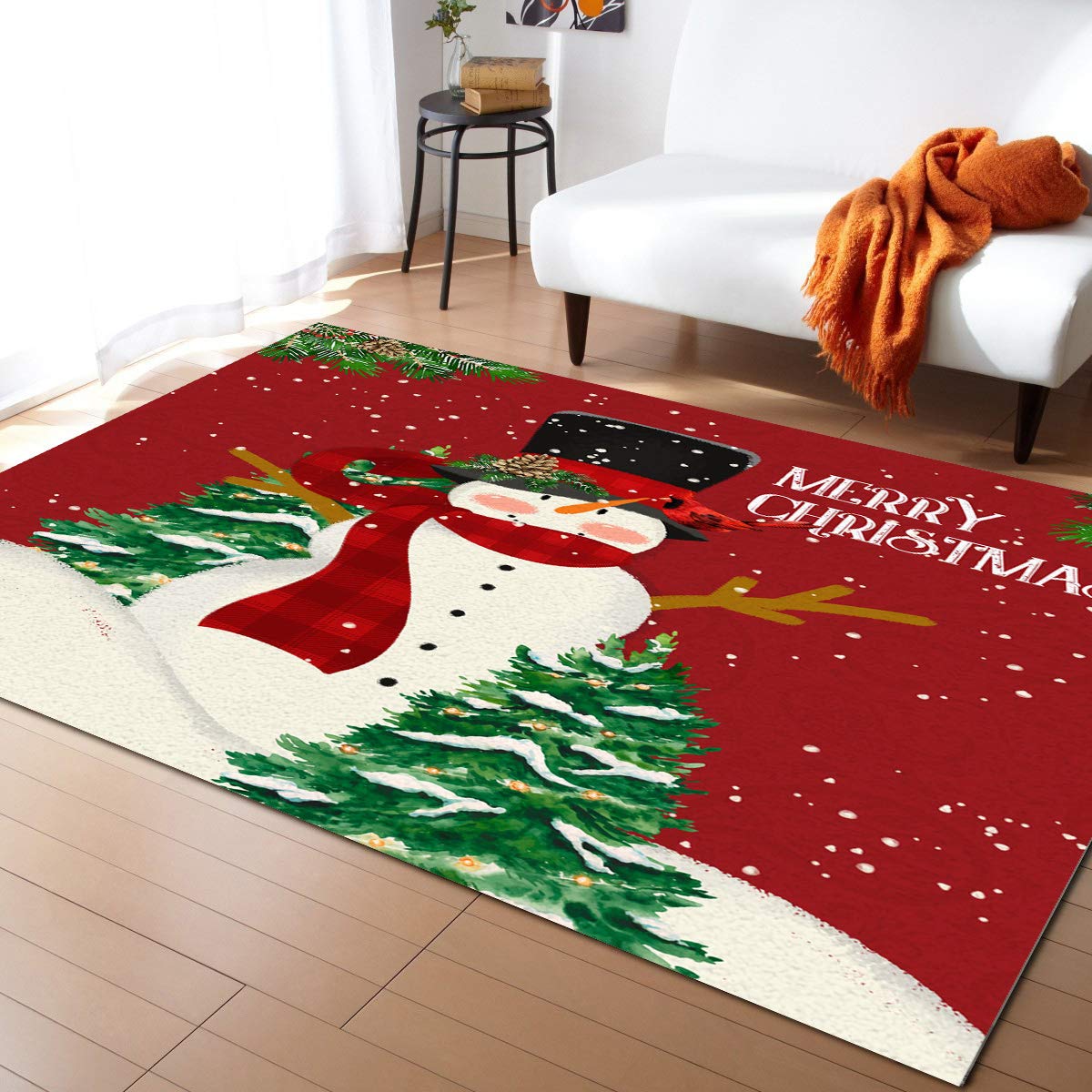 5'x8' Snowman with Scarf Christmas Tree Non-Slip Washable Area Rug - Absorbent Kitchen, Hallway Runner for Living Room, Bathroom, Bedroom - Perfect for Holiday Decor & Cozy Winter Home