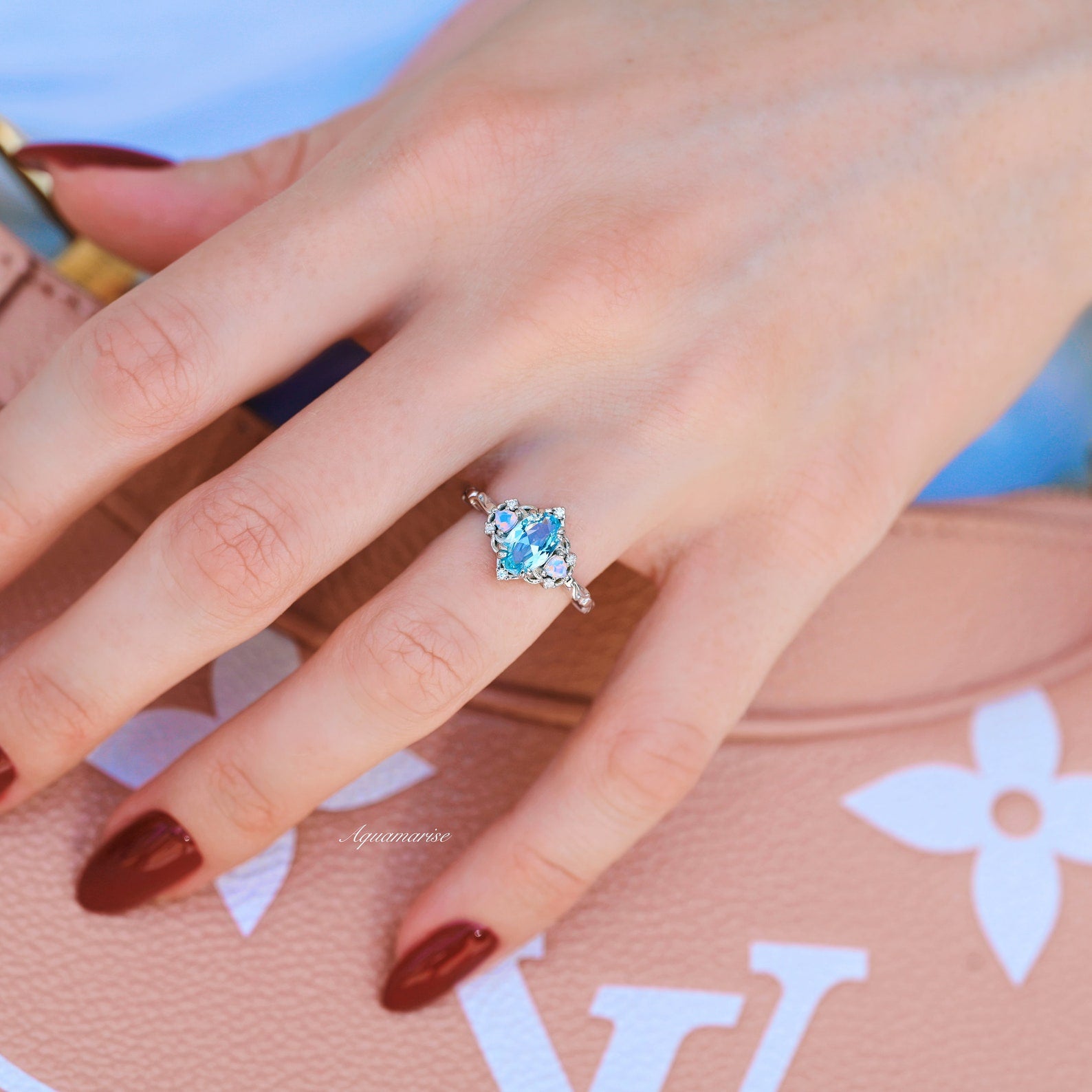 14K White Gold Esme Aquamarine & Opalescent Sapphire Ring – Elegant Jewelry for Women, Perfect for Weddings, Anniversaries & Special Occasions