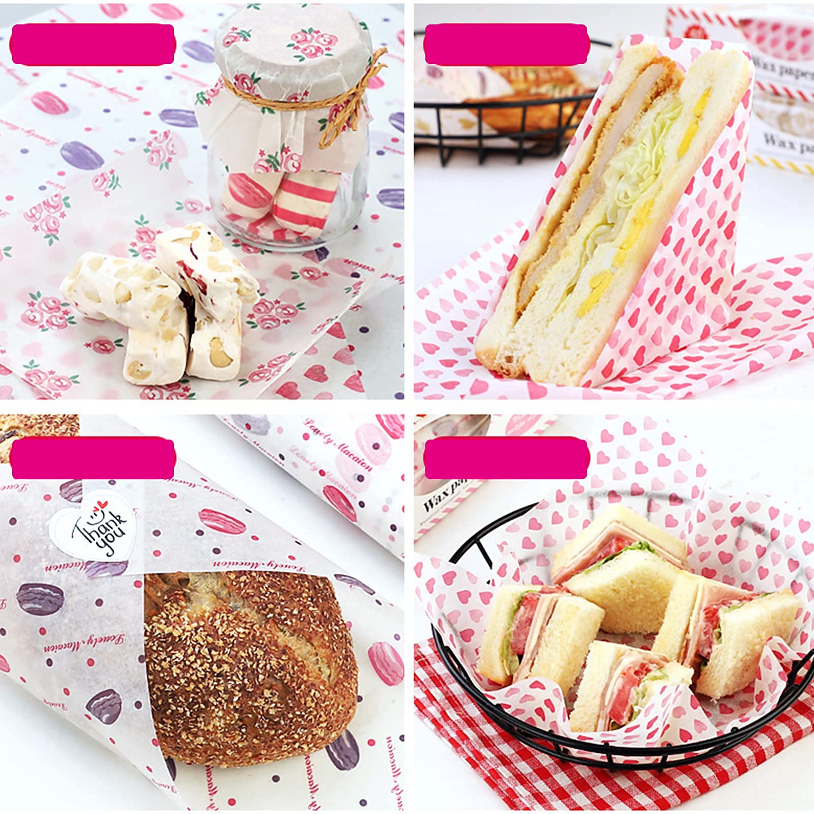 Zngou 100 PCS Greaseproof Wax Paper Sheets - Heart Design Food Wrapping Liners for Baking, Cooking & Packing | Waterproof Kitchen Parchment for Cupcakes, Cookies & Sandwiches