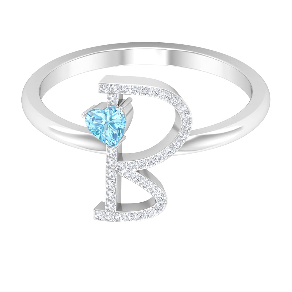 Aquamarine and Diamond Initial Rings for Women - 14K White Gold A-Z Alphabet Rings, Personalized Heart Letter Jewelry - Perfect for Birthdays, Anniversaries & Gifts