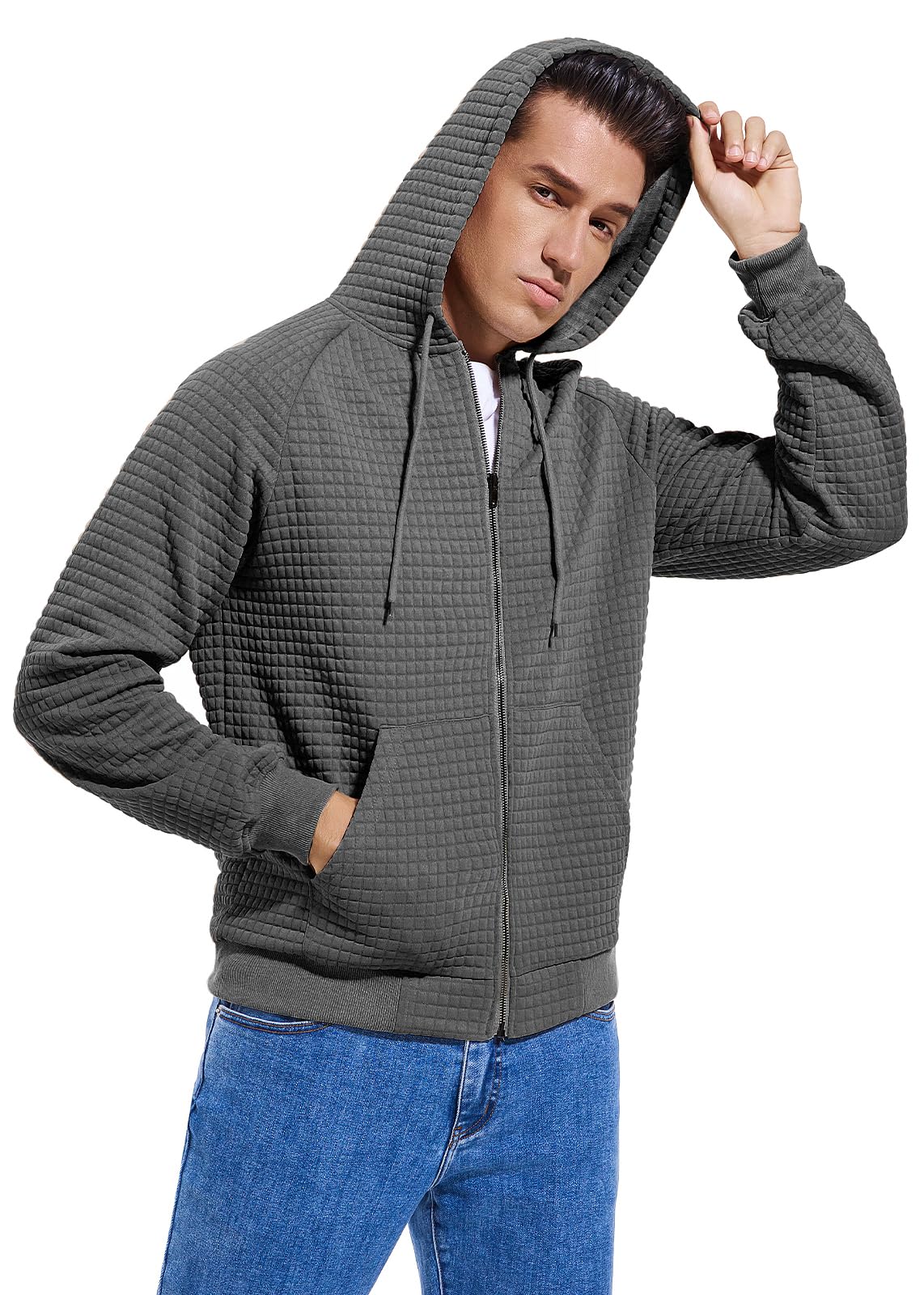 Men's Lightweight Waffle Hoodie Full Zip Jacket - Plaid Long Sleeve Hooded Sweatshirt with Kangaroo Pocket for Casual Wear & Outdoor Activities