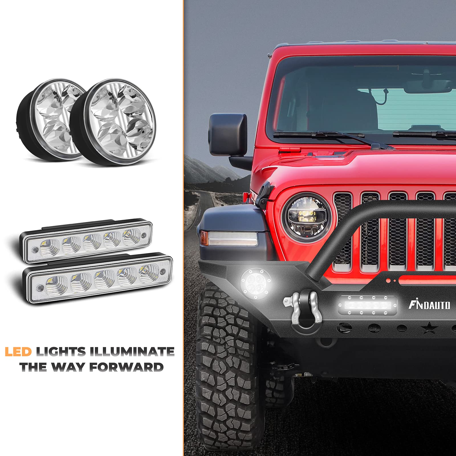 FINDAUTO Upgraded Textured Black Rock Crawler Front Bumper with D-Ring & Winch Plate | Compatible with 2007-2018 Jeep Wrangler JK | LED Light Bar Included | Off-Road Adventure & Heavy-Duty Protection
