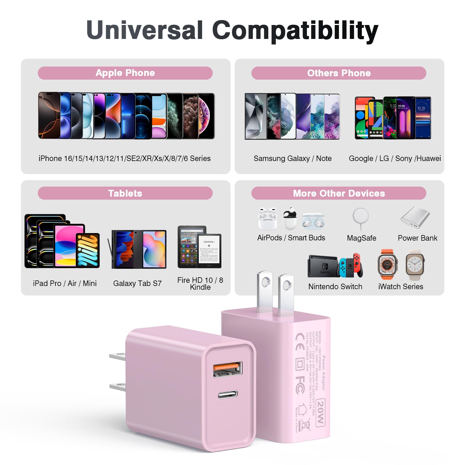 20W USB-C Fast Charger [2 Pack] - PD & QC3.0 Dual Port Wall Charger for iPhone 15/14/13, iPad, Samsung Galaxy S23/S22, PS5 - Compact Power Brick for Home, Office & Travel (Pink)