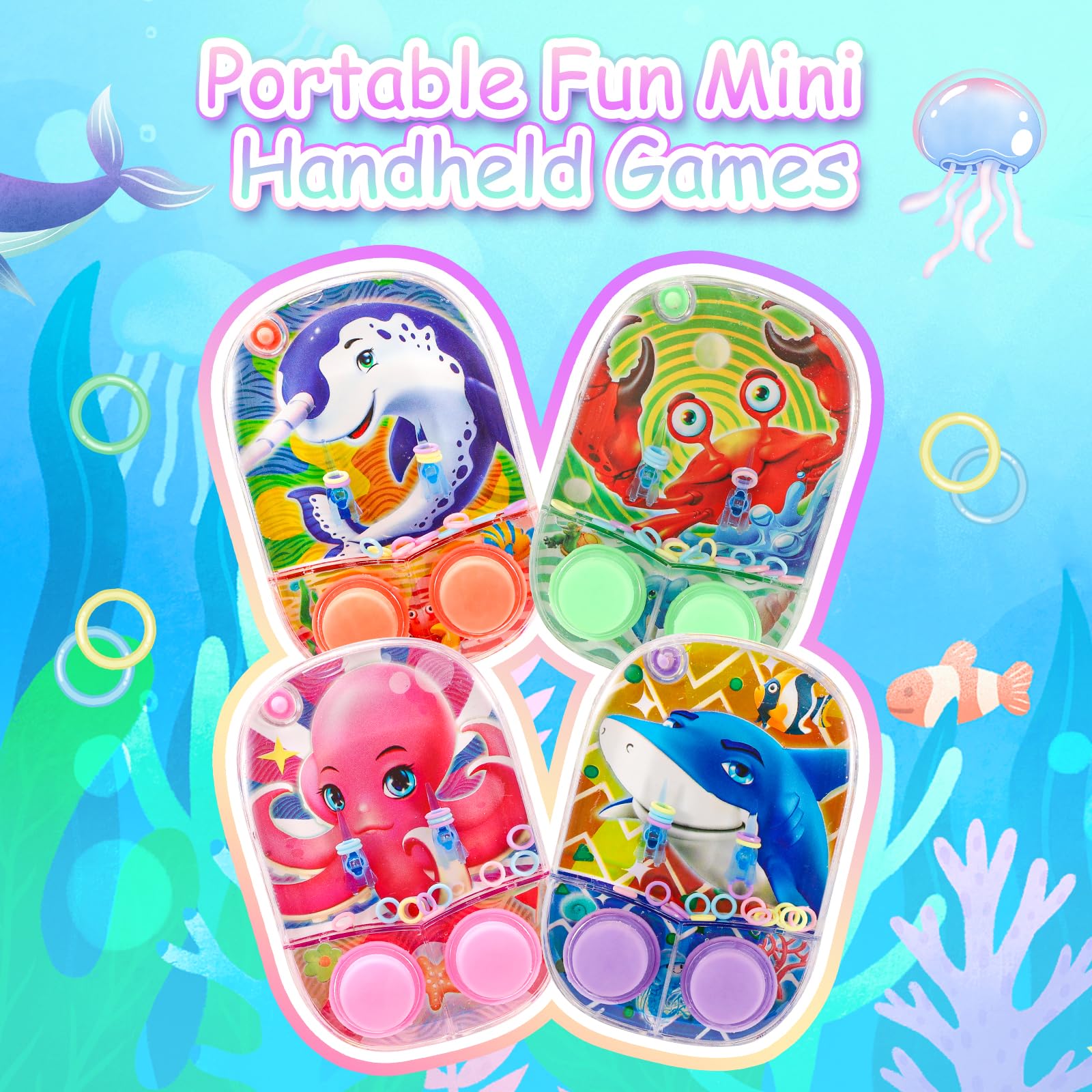 4 Pack Ocean Themed Water Ring Toss Handheld Games - Fun Water Toys for Kids, Family Stress Relief & Travel Entertainment | Perfect for Pool Parties, Beach Outings, Car Rides & Birthday Favors