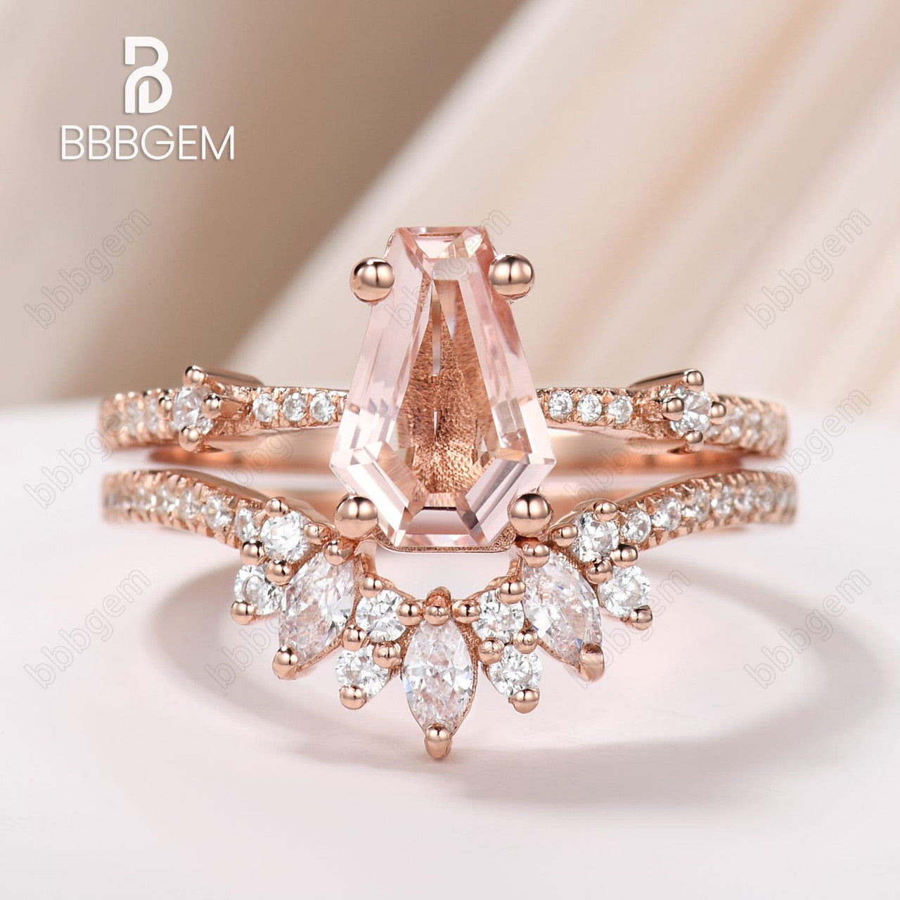 Vintage Rose Gold Peach Morganite Wedding Ring Set for Women - Coffin Cut Marquise Diamond Moissanite Bridal Jewelry - Perfect for Engagement, Anniversary & Romantic Occasions