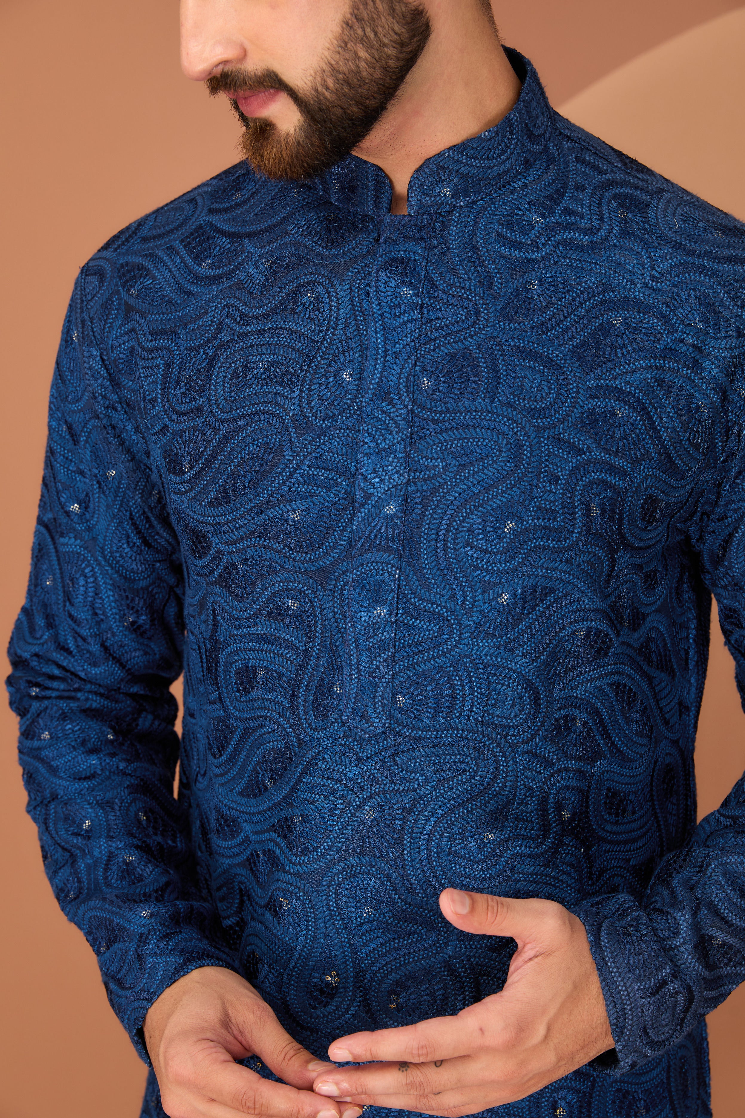 Elegant Navy Blue Chikankari Kurta with Intricate Thread & Sequin Embroidery - Perfect for Festivals, Weddings & Ethnic Occasions