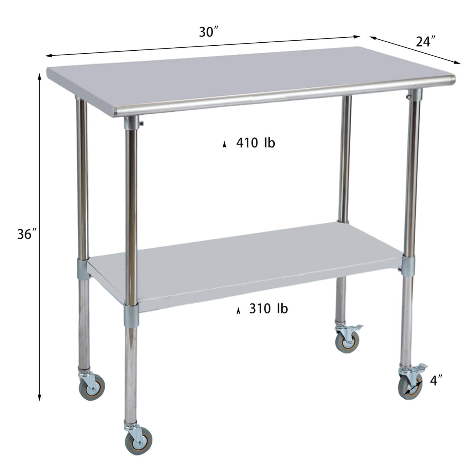Stainless Steel Commercial Kitchen Work Table with Undershelf & Casters, 30