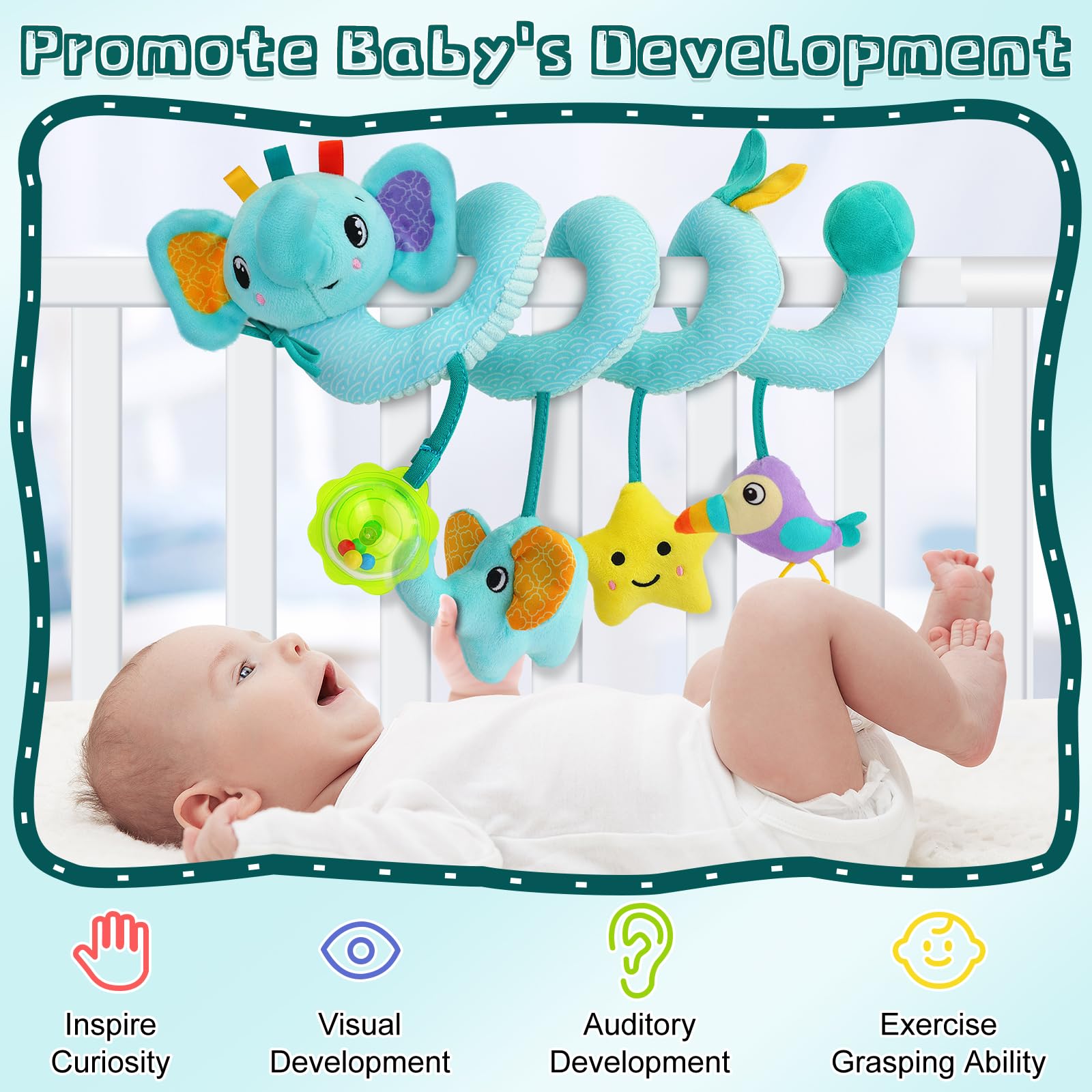 FPVERA Spiral Car Seat Activity Toy - Baby Crib Hanging Toy with Rattle, Squeaker & Bell for Bassinet, Stroller, Infant Car Seat | Newborn Developmental Toy for Boys & Girls 0-12 Months | Perfect for Road Trips, Stroller Walks & Nursery Playtime