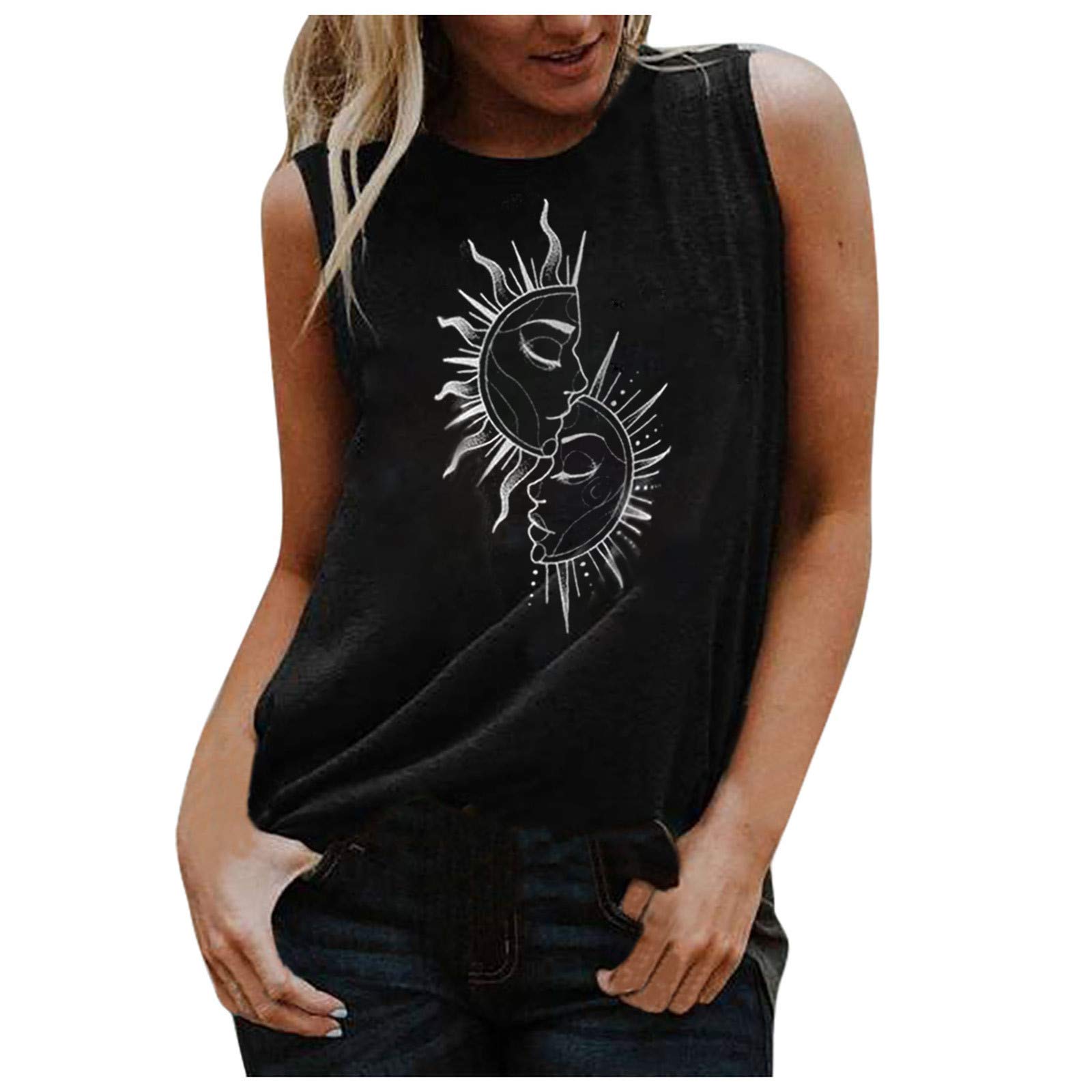 Women's Punk Rock Sleeveless Tank Tops - Sun & Moon Print Casual Loose Vest T-Shirts for Summer Streetwear, Music Festivals & Gothic Fashion