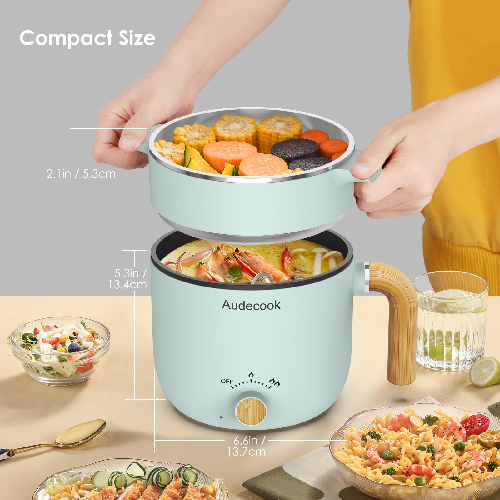 **Audecook 1.5L Electric Hot Pot with Steamer - Portable Nonstick Mini Multicooker for Pasta, Soup, Steak, Eggs & Oatmeal - Dual Power Control Travel Skillet (Green) - Perfect for Dorms, Travel & Small Kitchens**