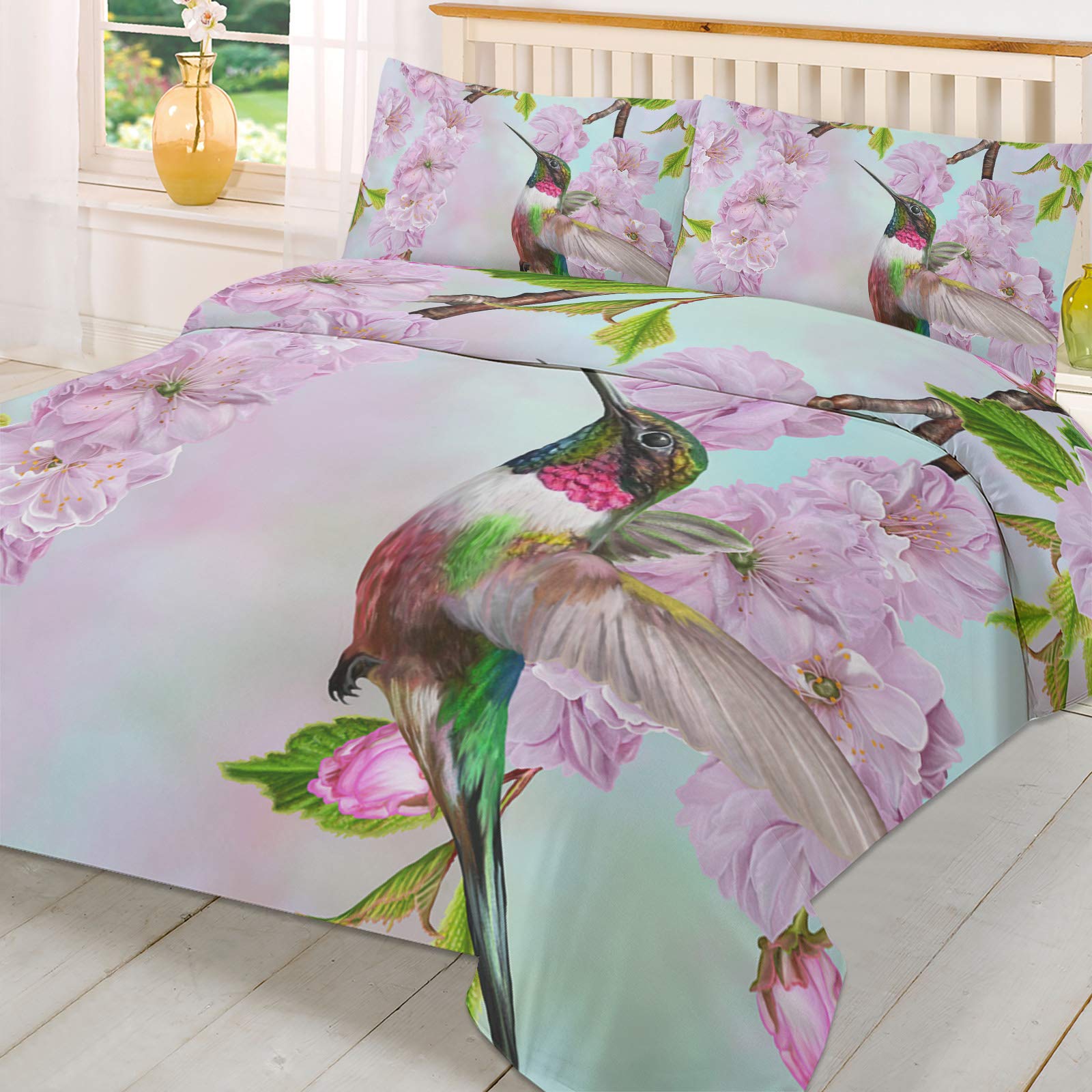 3 Piece California King Comforter Cover Set - Hummingbird Among Cherry Blossoms Oil Painting Duvet Cover, Soft Bedding Set for Kids, Teens & Adults (1 Duvet Cover + 2 Pillowcases) - Perfect for Master Bedroom, Guest Room & Dorm Decor