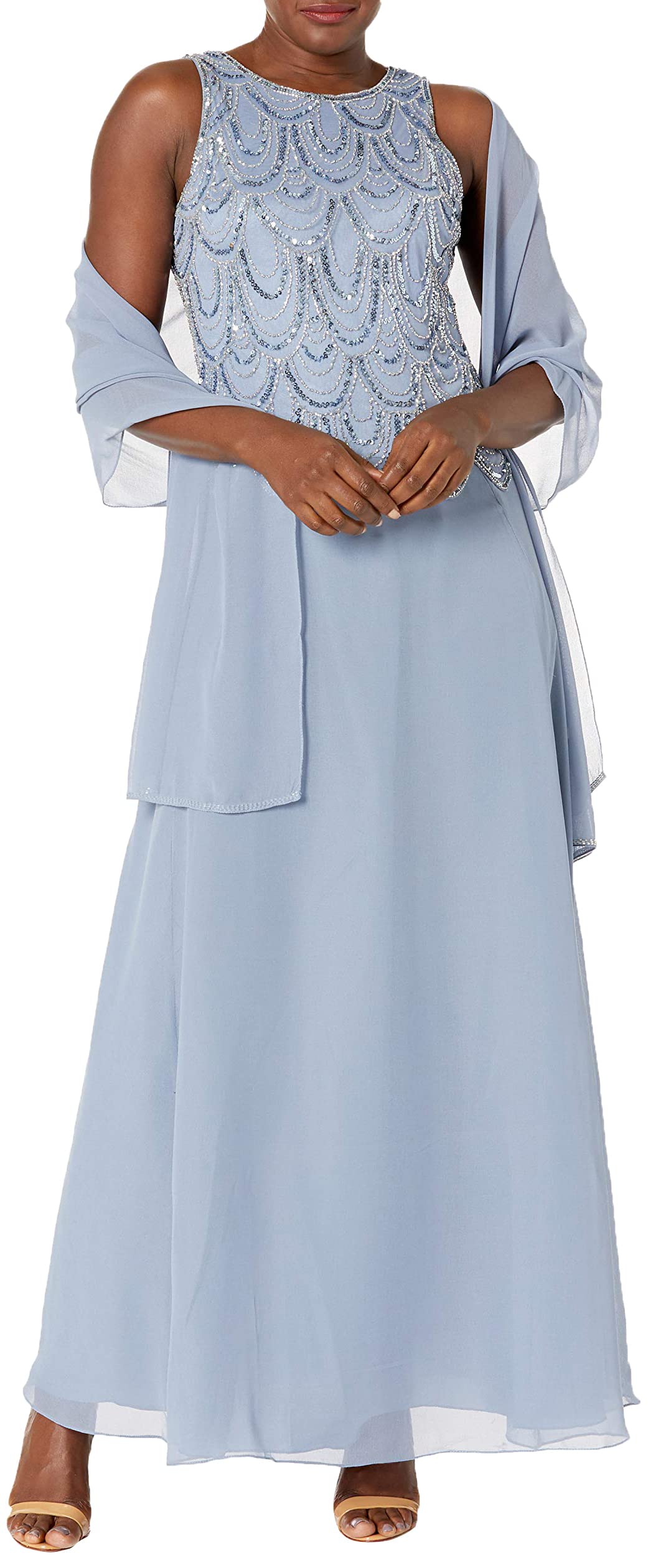 J Kara Women's Plus Size Sleeveless Beaded Long Dress with Scarf - Elegant Casual & Evening Wear for Parties, Weddings & Special Occasions
