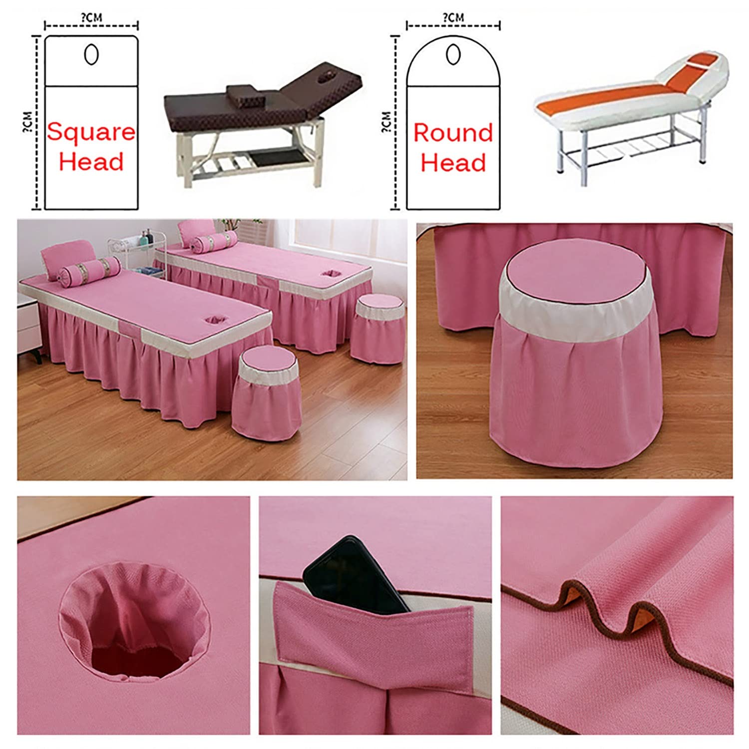 Professional Beauty Salon Spa Massage Table Sheet Set - 4 Piece Bedding Kit with Facial Hole, Bed Skirt & Stool Cover - 70x185cm Round Head Pink Linen - Perfect for Facial Treatments, Massage Therapy & Spa Services