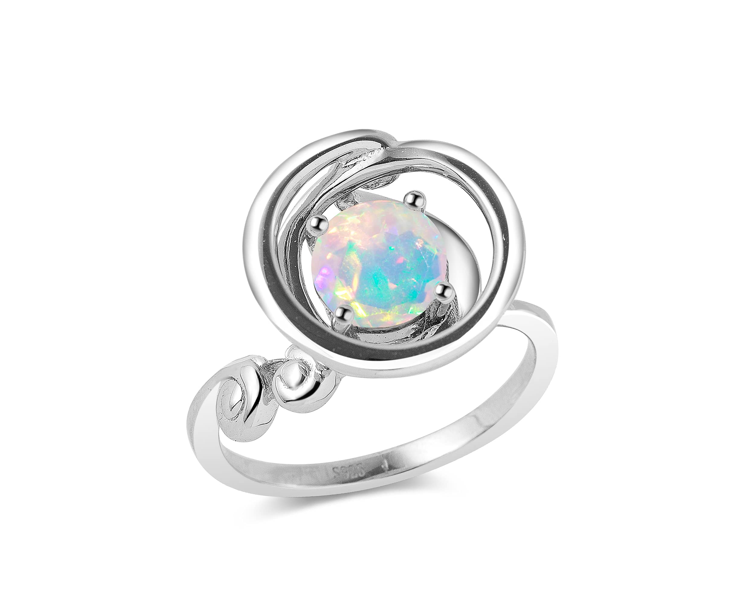 Rainbow Opal Ring for Women - October Birthstone Solitaire Sterling Silver Ring - Unique Circle Wave Design - Elegant & Simple Jewelry Gift for Her - Perfect for Birthdays, Anniversaries & Special Occasions