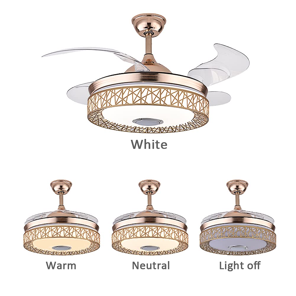 42 Inch Gold LED Ceiling Fan with Light and Remote - 3-Speed Retractable Blades, Bluetooth Music Control - Perfect for Bedroom, Living Room, Restaurant, and Hall Decor