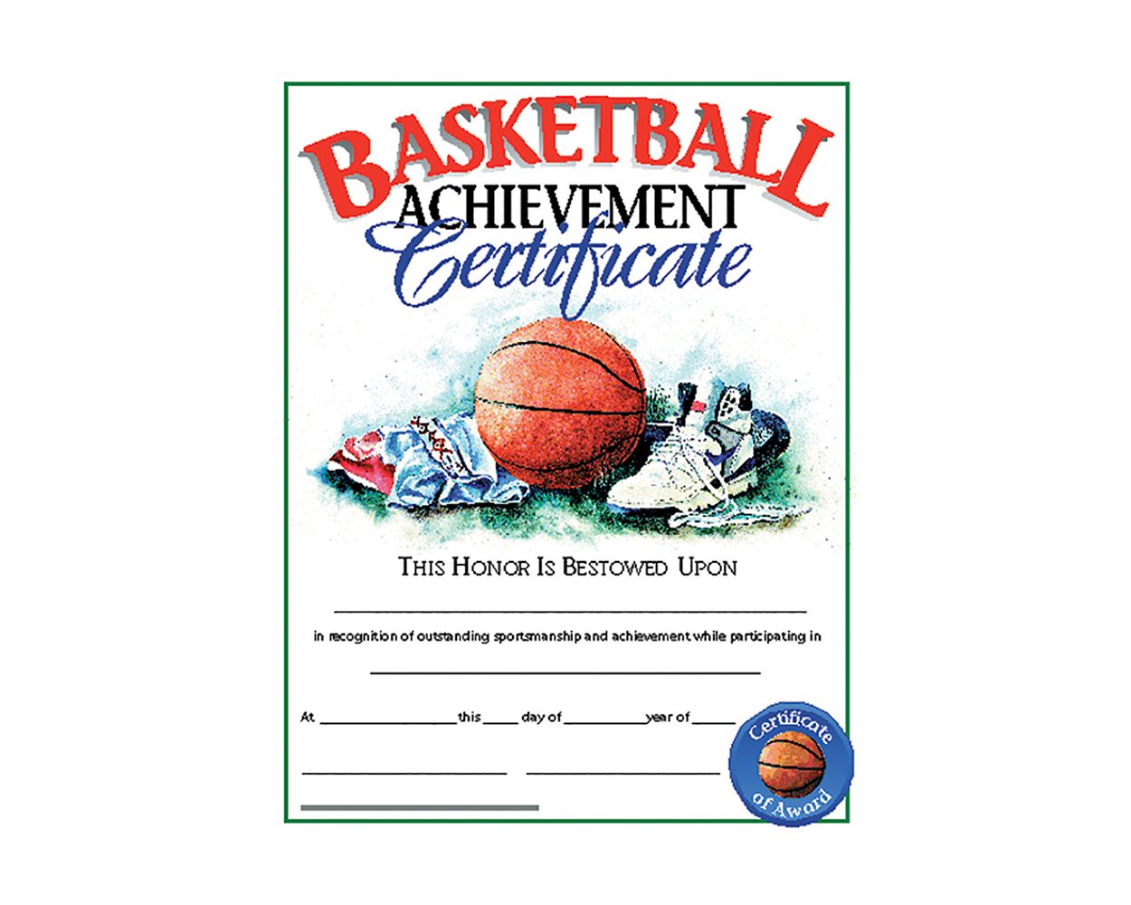 Basketball Achievement Certificate VA597 - Pack of 30, 8.5 x 11 Inches - Perfect for Youth Sports Awards, Team Recognition & School Basketball Programs