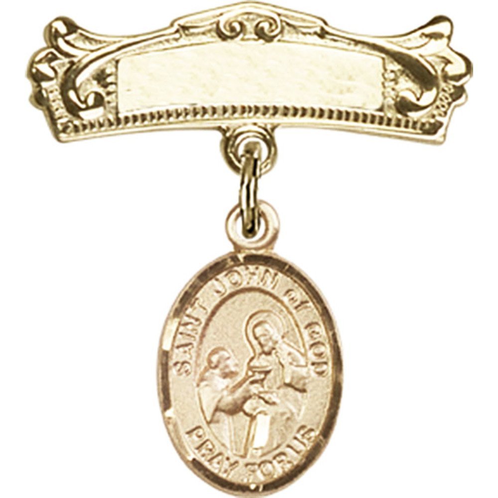 Gold Filled Baby Badge with St. John of God Charm - 7/8 X 3/4 Inch Arched Polished Pin for Christening, Baptism & Baby Shower Gifts