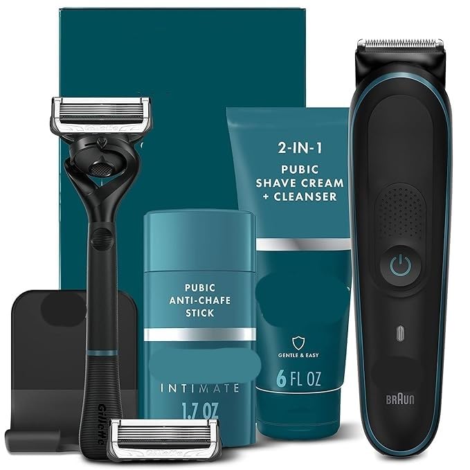 Pub Manscape Kit - Waterproof Cordless Men’s Pubic Trimmer & Razor with SkinFirst Technology, 2in1 Shave Cream & Cleanser, Anti-Chafe Stick - Wet/Dry Use for Sensitive Skin - Includes 1 Razor Handle & 2 Refills - Perfect for Travel, Gym & At-Home Grooming