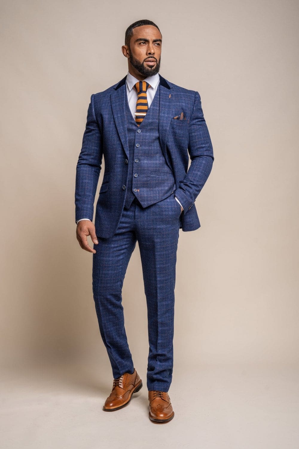 Cavani Kaiser Men's Blue Tweed 3 Piece Suit Set - Formal Business Wedding & Special Occasion Outfit for Groom, Office & Events