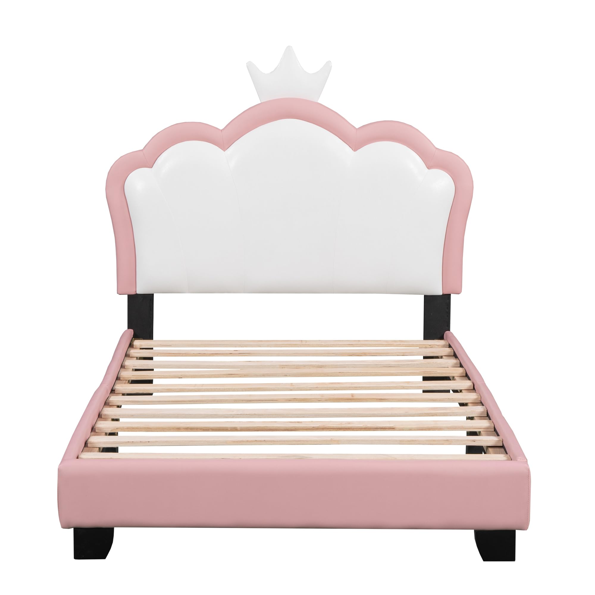 Twin Size Upholstered Princess Bed with Crown Headboard - Pink Bed Frame for Girls | Perfect for Kids' Bedroom, Princess-Themed Decor & Sleepovers