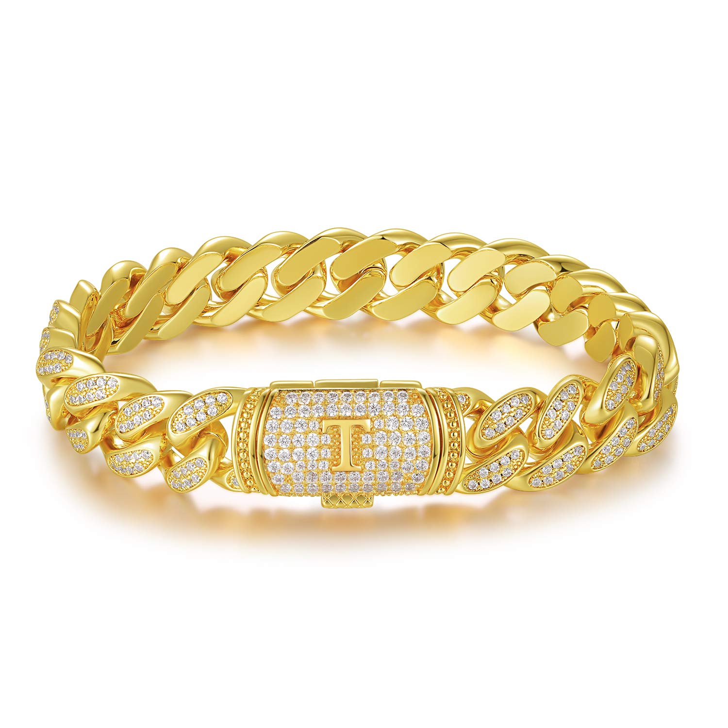 ETEVON Gold Plated Cuban Link Initial Bracelet for Men - Hip Hop Jewelry Gift for Boyfriend, Husband, Son, Dad - Birthday, Christmas, Anniversary, Valentine's Day Gift - Perfect for Parties, Date Nights, Special Occasions