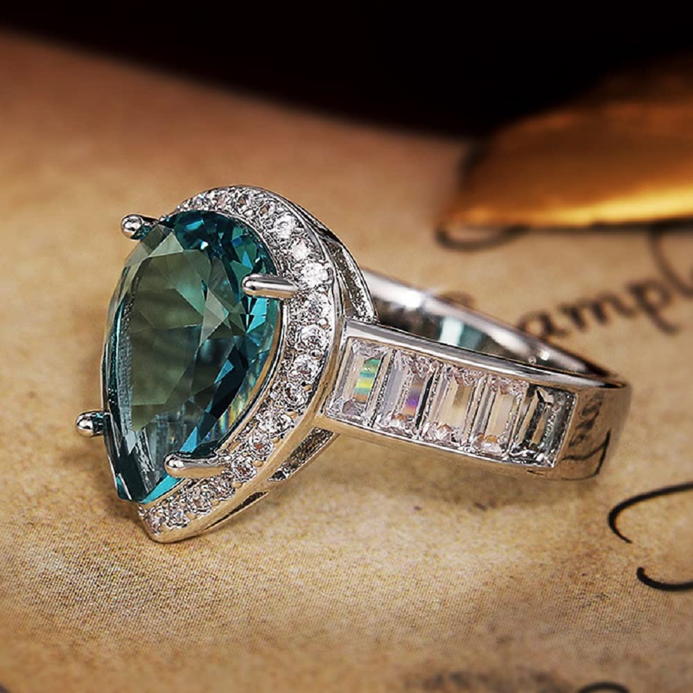 Elegant Waterdrop Pear Shape Cut Aquamarine Gemstone & Baguette CZ Zircon Promise Ring - Bridal Eternity Engagement Wedding Jewelry for Women - Perfect for Proposals, Anniversaries & Romantic Gifts