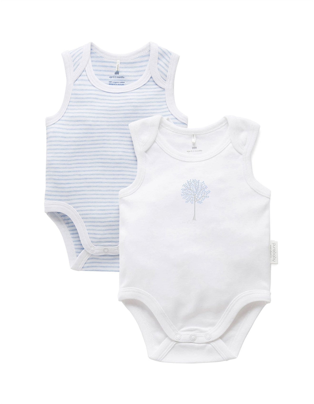 Purebaby Organic Cotton Baby Bodysuit 2-Pack - White & Pale Blue Striped Onesies for Newborns | Soft, Breathable Infant Rompers for Daycare & Playtime