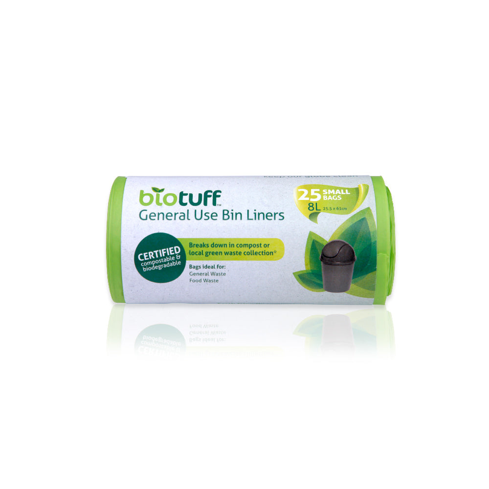 BIOTUFF Small 8L Kitchen Trash Bags - 25 Count | Eco-Friendly Compostable Waste Bags for Kitchen, Bathroom & Office Use