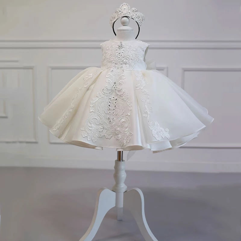 Ivory Princess Round Tea Length Satin Flower Girl Dress - Perfect for Weddings, Birthday Parties & Special Occasions