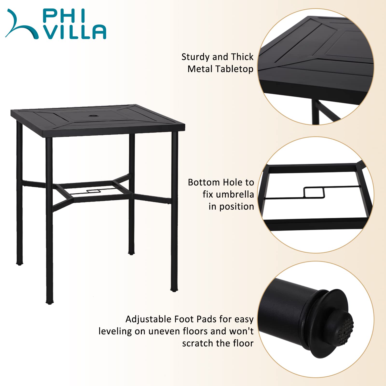 PHI VILLA 38 Inch Outdoor Bar Table - Square Metal Patio Bistro Dining Table with Umbrella Hole - Perfect for Lawn, Garden, Backyard, Poolside & Outdoor Entertaining
