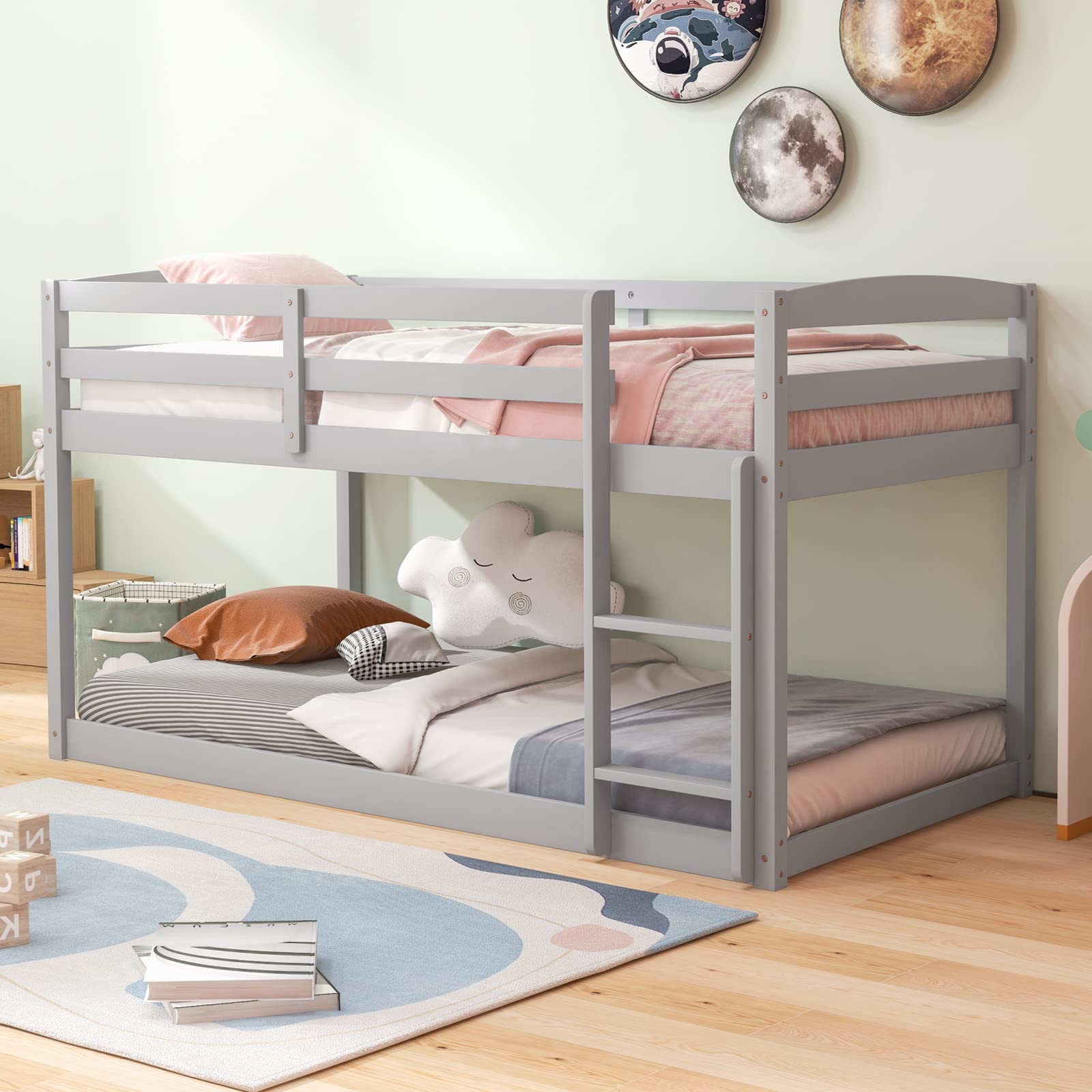 Giantex Twin Low Bunk Bed Frame - Solid Wood Twin Over Twin Bunk Bed with Full Guardrails & Built-in Ladder - Kids Bunk Beds for Boys and Girls - No Box Spring Required - Grey - Perfect for Small Bedrooms, Shared Kids Rooms, and Space-Saving Sleep Solutions