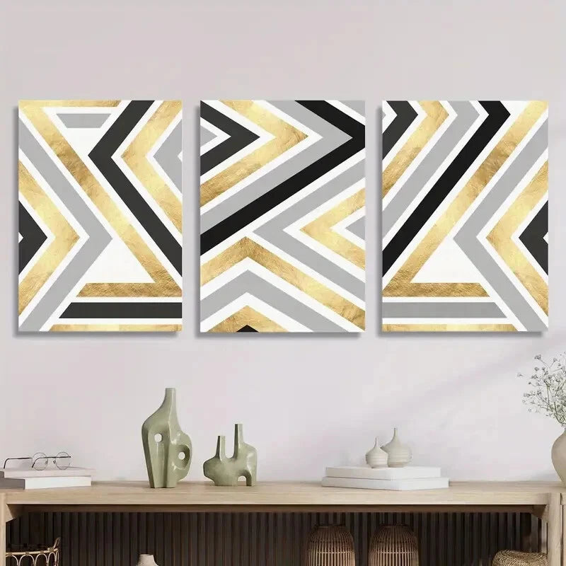 3-Piece Golden Artistic Lines Metal Print Wall Art - Black, Gray & Gold Ready to Hang Canvas for Living Room, Bedroom & Office Decor