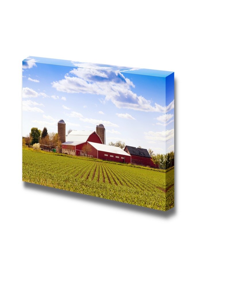 Traditional American Farm Landscape Canvas Print - Blue Sky Countryside Wall Art | Stretched Gallery Wrap Giclee Ready to Hang - 24x36 Inches - Perfect for Living Room, Bedroom & Office Decor