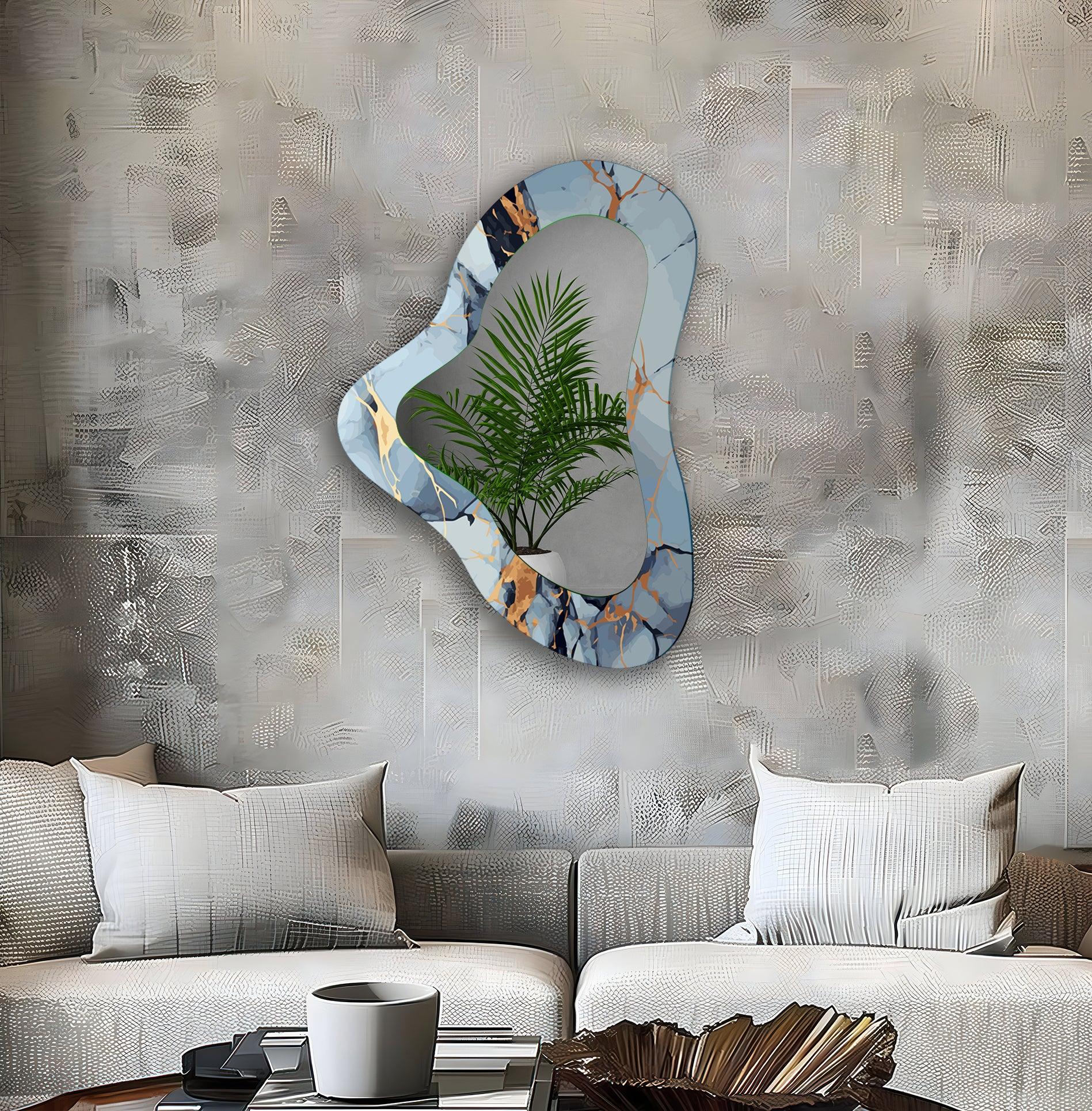 Blue Marble Asymmetrical Glass Wall Mirror - Modern Decorative Mirror for Living Room, Bedroom & Entryway - Unique Handcrafted Home Decor Accent Piece
