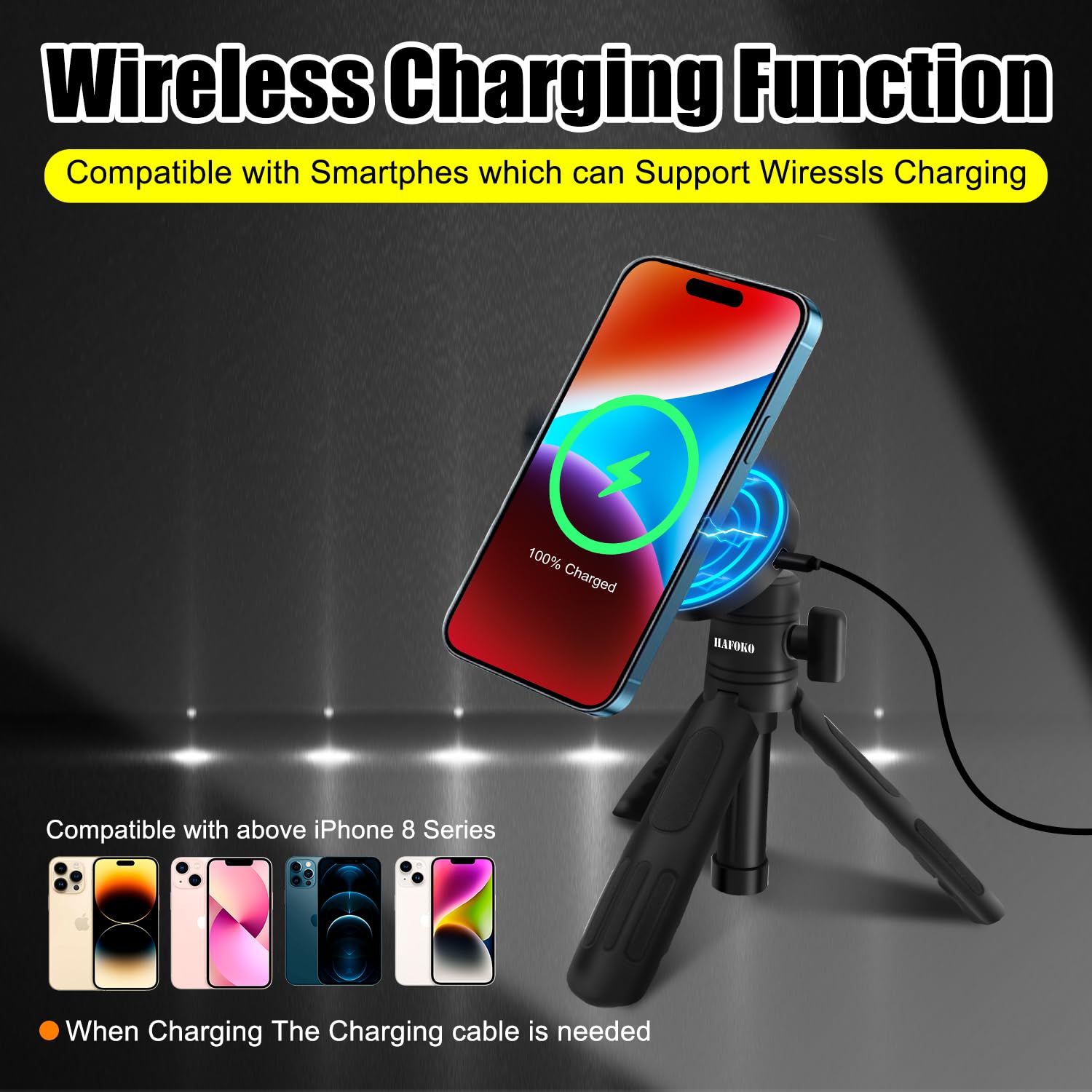 HA-W08 Magnetic Selfie Stick with Wireless Charging, Tripod & Magic Arm - Compatible with iPhone 15/14/13/12 - Perfect for Travel, Vlogging & Hands-Free Video Calls