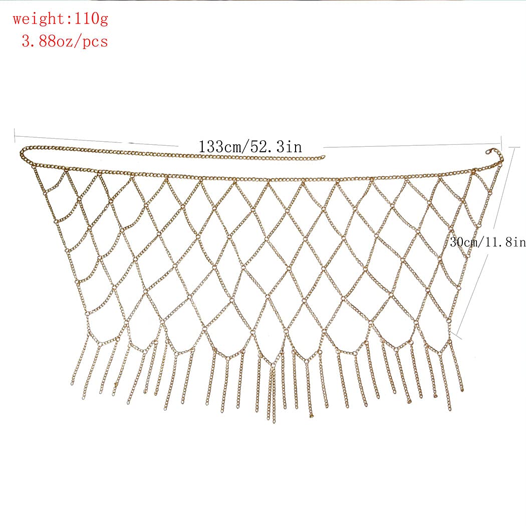 Sexy Gold Body Chain Jewelry for Women - Waist Hip Chain with Tassels, Mesh Skirt & Bikini Accessories - Perfect for Festival, Rave, Beach & Party Outfits