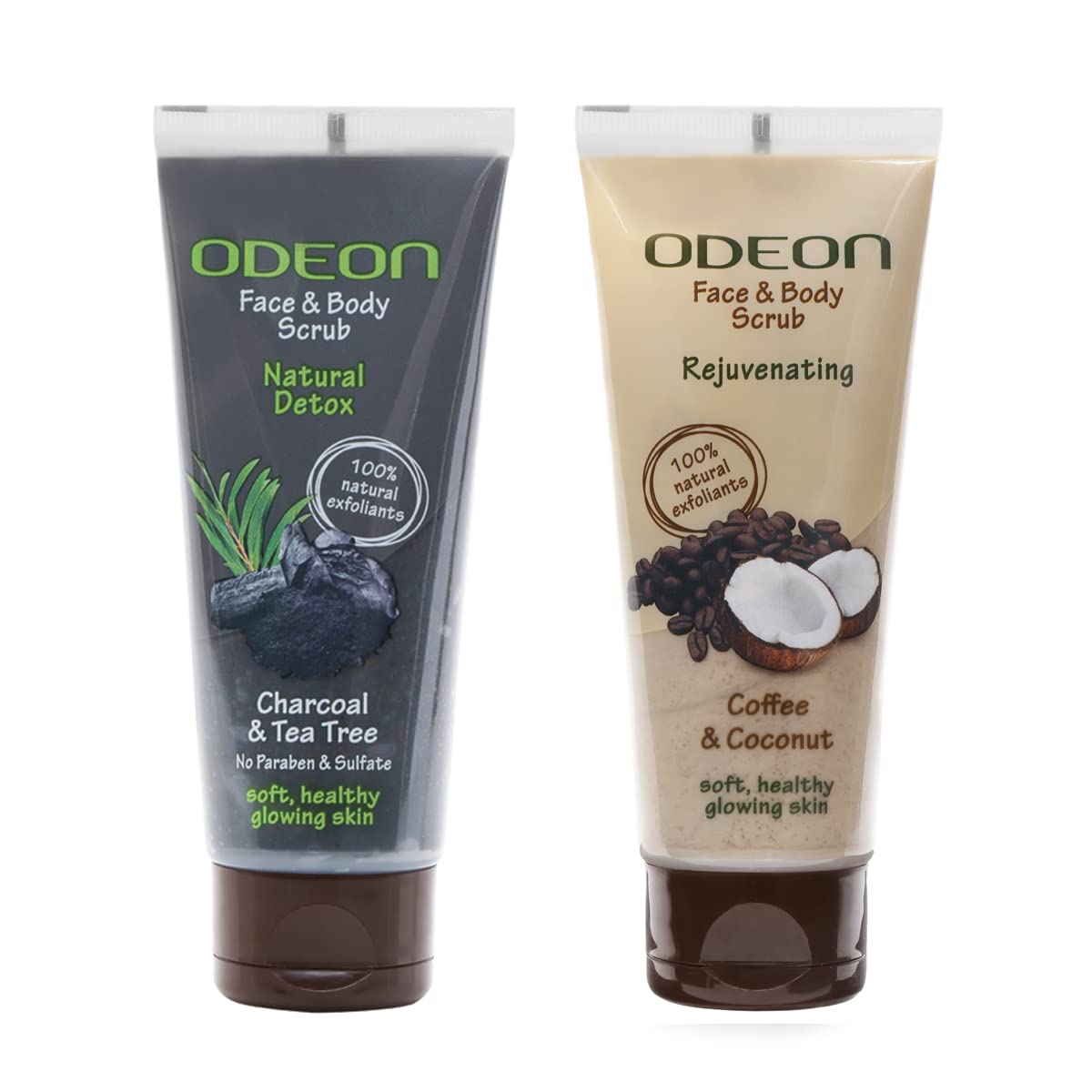 Odeon Charcoal & Tea Tree Oil Body Scrub + Coffee Coconut Scrub Duo (100ml x 2) - Exfoliating & Moisturizing for Smooth Skin - Perfect for Spa Day & Self-Care Routine