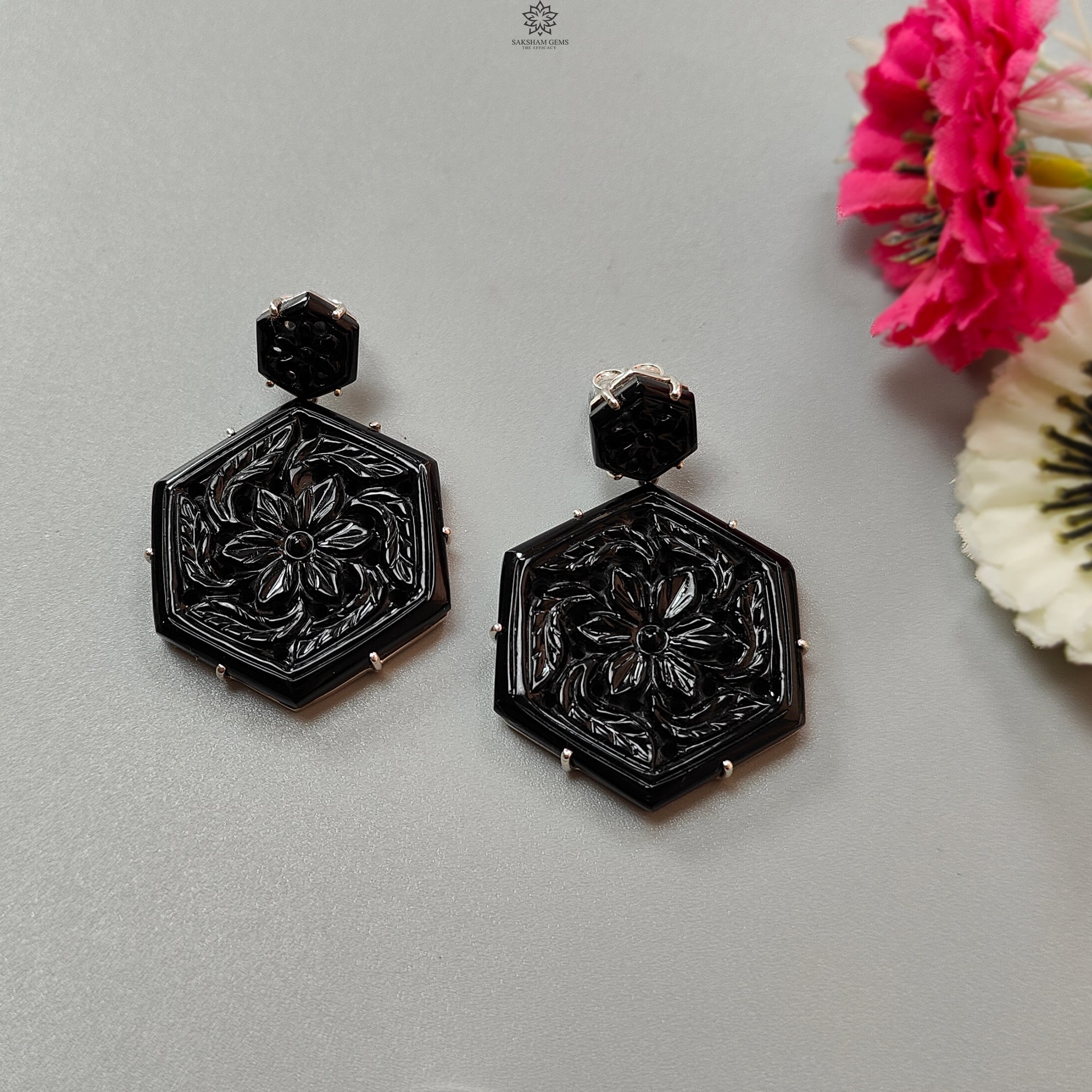 Black Onyx Hexagon Stud Earrings - 925 Sterling Silver Prong Set with Push Back, Hand Carved Natural Onyx (19.55g) - Perfect for Evening Wear, Weddings & Special Occasions
