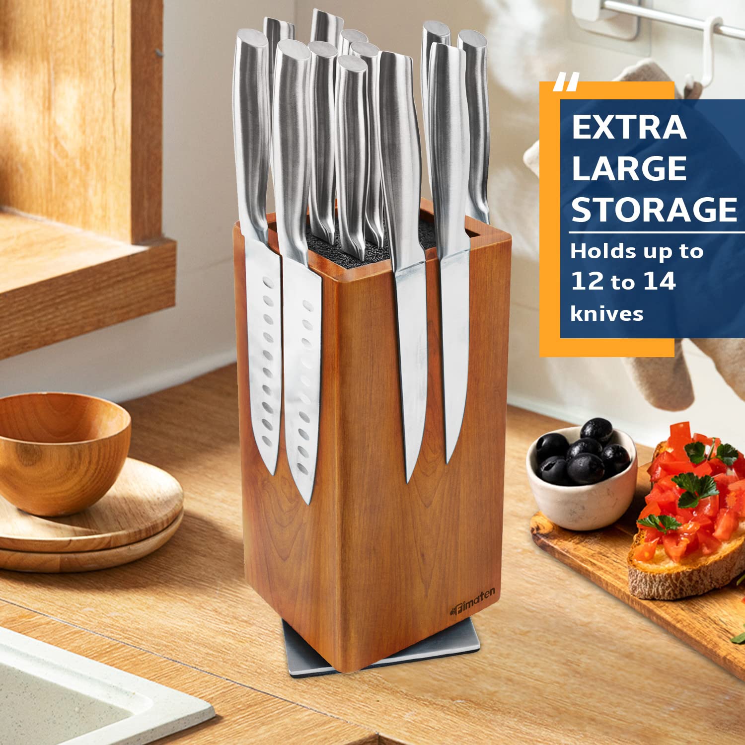 360° Rotatable Magnetic Knife Holder - Universal Acacia Wood Knife Block with Extra Strong Magnets for Knives & Utensils | Space-Saving Kitchen Organizer for Countertops, Drawers & Small Kitchens